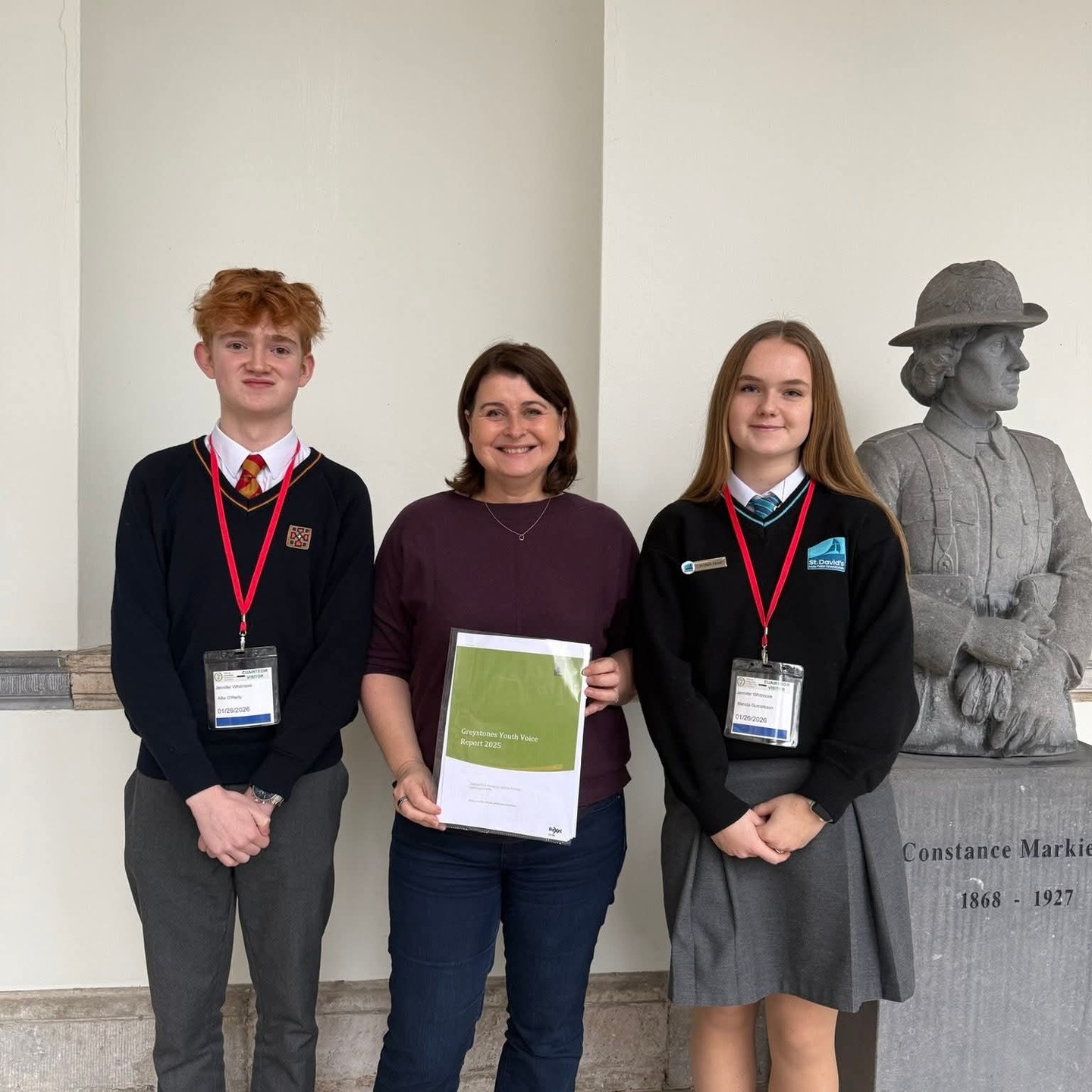 On Monday the 26th of January, St. David's student council reconnected with neighbouring schools; Greystones Community College and Templecarrig, following the first Student Council Trilateral Conference. The students travelled by DART to visit Dáil Eireann where they received a guided tour of the Dáil before meeting with local TD, Jennifer Whitmore.
During this meeting students presented their first Greystones Youth Voice Report; highlighting key aspects of concerns surrounding issues facing our students and sharing views on what the government should prioritise and focus on in collaboration with young people.
The opportunity to use their voices to make a positive contribution to society was both empowering and meaningful. The Student Council were very grateful for the opportunity and remain committed, both through their roles and beyond, to continuing to work towards the positive changes they wish to see in the world.