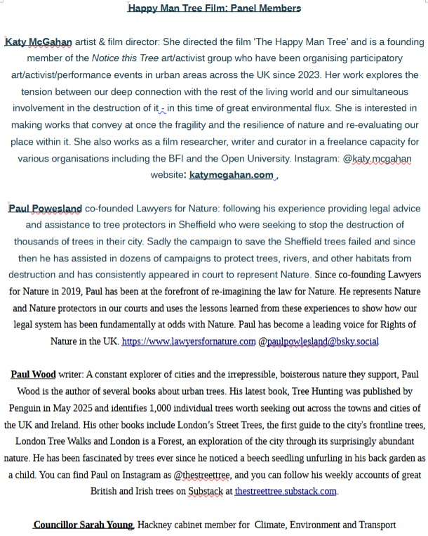 The panel for our next Film for Action on Friday, Feb 6
7 pm to 10 pm
St Paul's Church, 184 Stoke Newington Rd, London N16 7UY,
Doors open 6.30
Panel discussion
Free, donations welcome
Tickets: https://www.eventbrite.co.uk/e/films-for-action-the-happy-man-tree-tickets-1979164244533