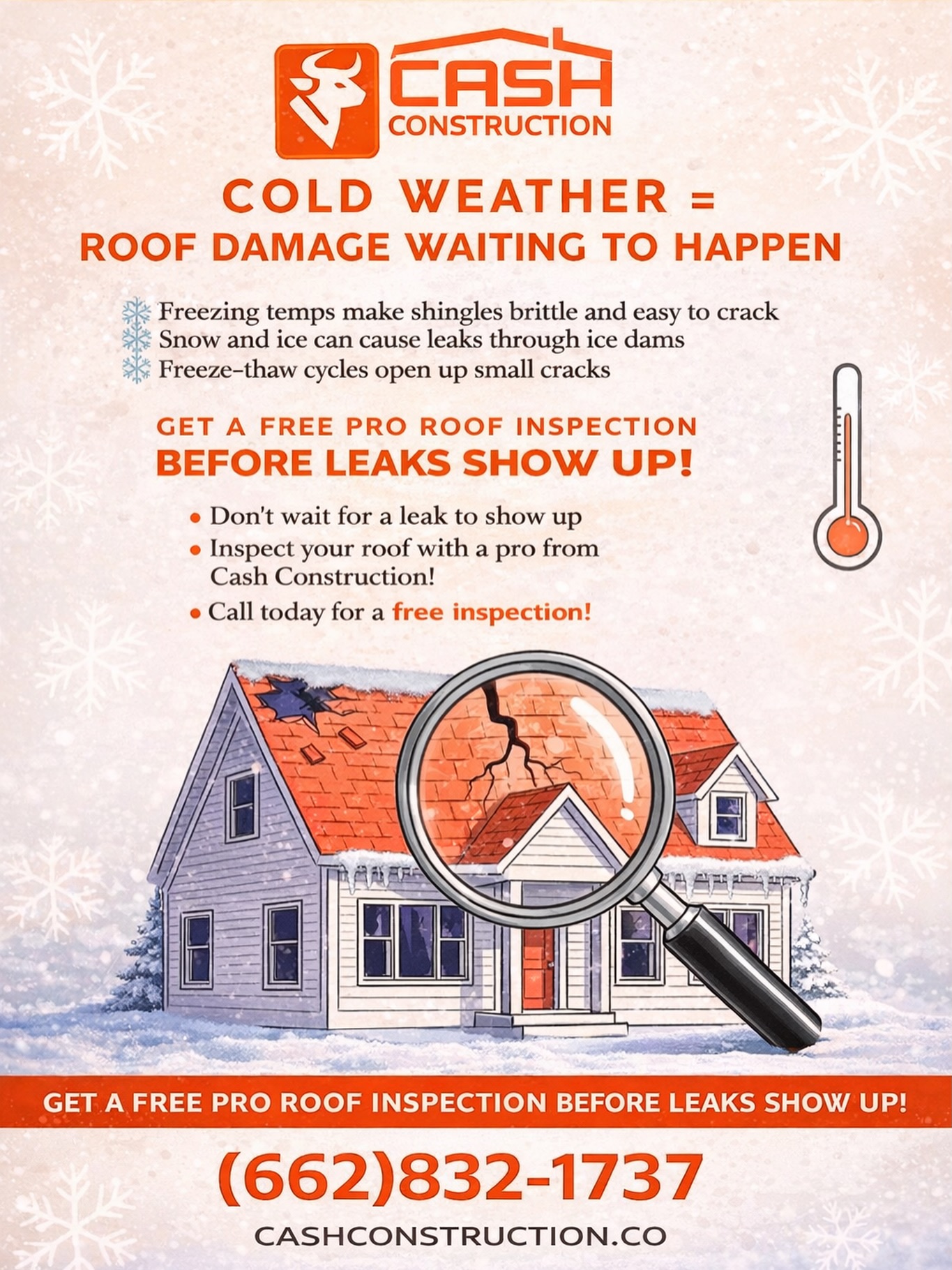 ❄️ Cold weather = roof damage waiting to happen.
Freezing temps can crack shingles, snow/ice can cause leaks, and freeze-thaw cycles can open up small damage fast.
✅ Book your FREE roof inspection today
•
☎️ 662.832.1737
☎️ 601.749.1564
📧 info@cashconstruction.co
💻 cashconstruction.co
•
#cashconstruction #MississippiRoofing #RoofingExperts #RoofReplacement #LocalContractor