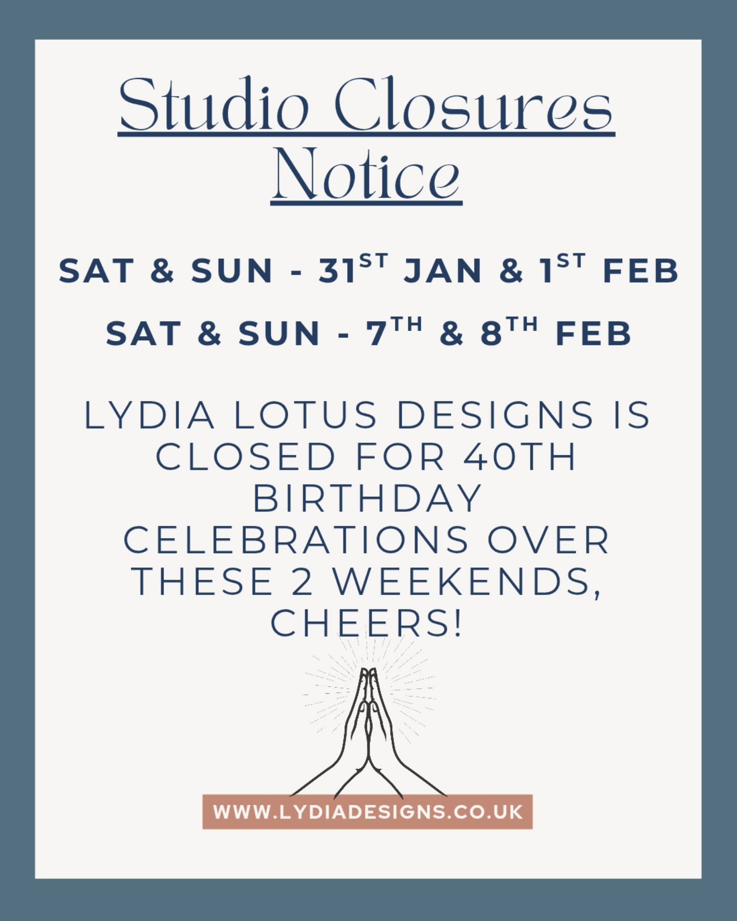 ā£ļøStudio Closure Announcemenā£ļø
Just a quick heads up ā my studio will be closed over the next two weekends:
⦠31st Jan ā 1st Feb
⦠7th ā 8th Feb
Itās my sisterās 40th and weāre celebrating in style (twice, obviously š).
Iāll be back in the studio the following week feeling inspired, recharged, and ready to dive into everything thatās brewing behind the scenes, although maybe with a slightly sore head if my sister has anything to do with it š¤£.
Thanks for your patience, and big love as always š¤
#StudioClosed #ArtistAtRest #ArtistsAlsoParty #JewelleryWithSoul #SlowMadeJewellery