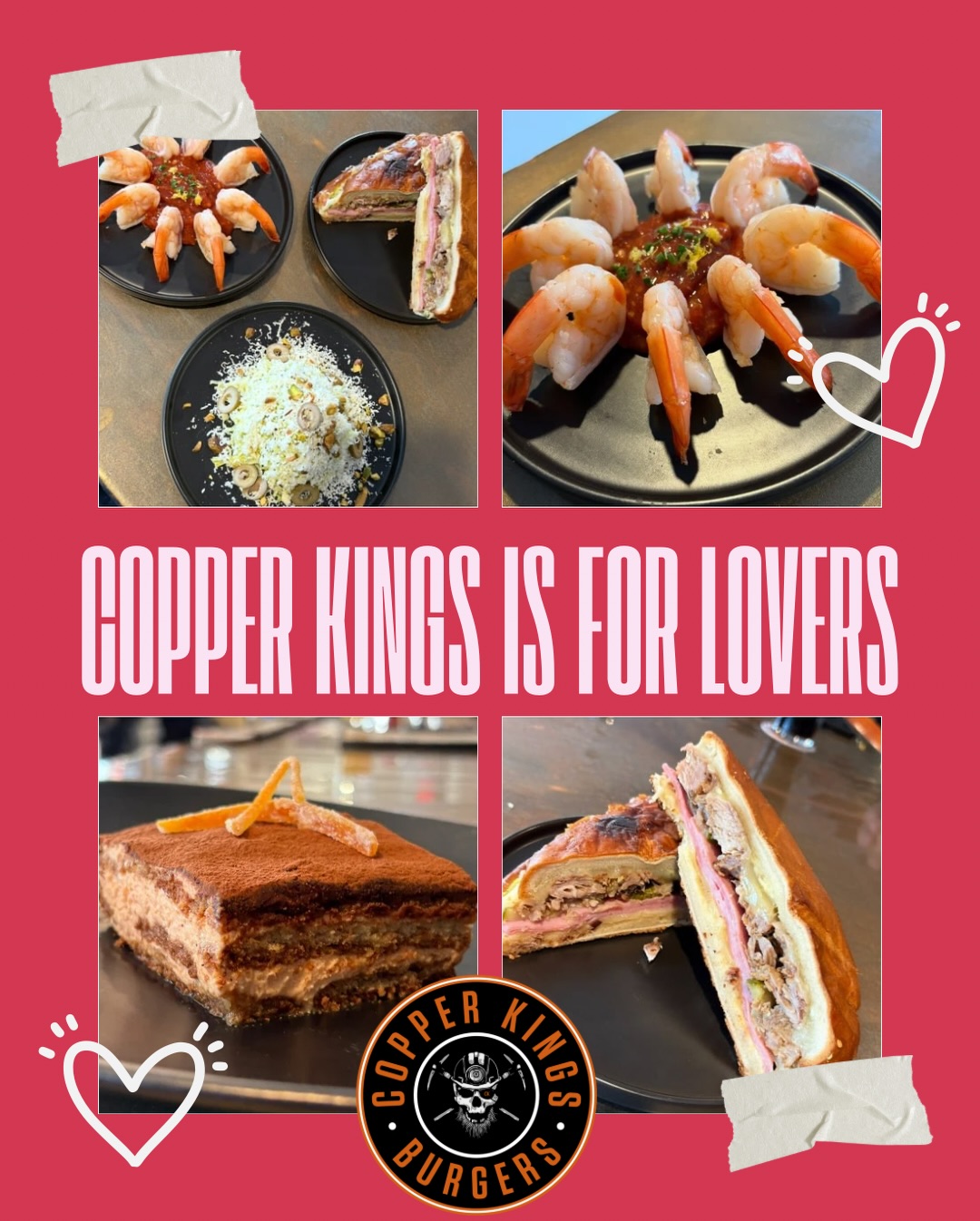Copper Kings is for lovers ❤️🍔
Join us for our Valentine’s Day Prix Fixe Dinner for Two — an unforgettable evening of incredible food, drinks, and a little romance.
✨ Thoughtfully curated multi-course menu
🥂 Two alcoholic or N/A beverages per guest
❤️ Two seating times available
Here is our Valentine's menu ❤️ (some of the items are featured in the pictures in this@post🥰)
🥂 Bubbles
🍽 Starters
• Classic Shrimp Cocktail — house cocktail sauce, freshly grated horseradish, lemon zest & chives
• Seasonal Salad — shaved Savoy cabbage, creamy garlic vinaigrette, manzanilla olives, pistachios & Mahón cheese
🍔 Entrée (Choose 2)
• Copper Kings Tavern-Style Burger — 9oz charbroiled house beef, gouda, dill pickles, red onion, house mayo & dijon on a Japanese milk bun
• Classic Cubano — slow-roasted mojo pork, ham, Swiss cheese, dill pickles, house mayo & yellow mustard on a house-made Cubano loaf
• Spice Bag Chicken Sandwich — crispy fried chicken thigh, Asian spice blend, chili crisp–butter bell peppers & onions, fries on a Japanese milk bun
• Eggplant Parmesan — crispy breaded eggplant, creamy vodka sauce, melted mozzarella & parmesan on pesto-slathered house focaccia
🍰 Dessert (Choose 1)
• Basque Cheesecake — darkly caramelized, crustless, rich & creamy
• Blood Orange Tiramisu — blood orange–soaked ladyfingers, orange mascarpone, cocoa & candied orange peel
No substitutions allowed
Very limited availability:
• 5:00pm — only 2 tickets left
• 7:30pm — only 6 tickets left
This is your sign to lock in Valentine’s plans…💌 Tickets are first come, first served — grab yours before they’re gone. Call us to reserve your spots! +1 (760) 539-7054
📍Copper Kings Burgers | North County, San Diego
.
.
.
.
.
.
#CopperKingsBurgers