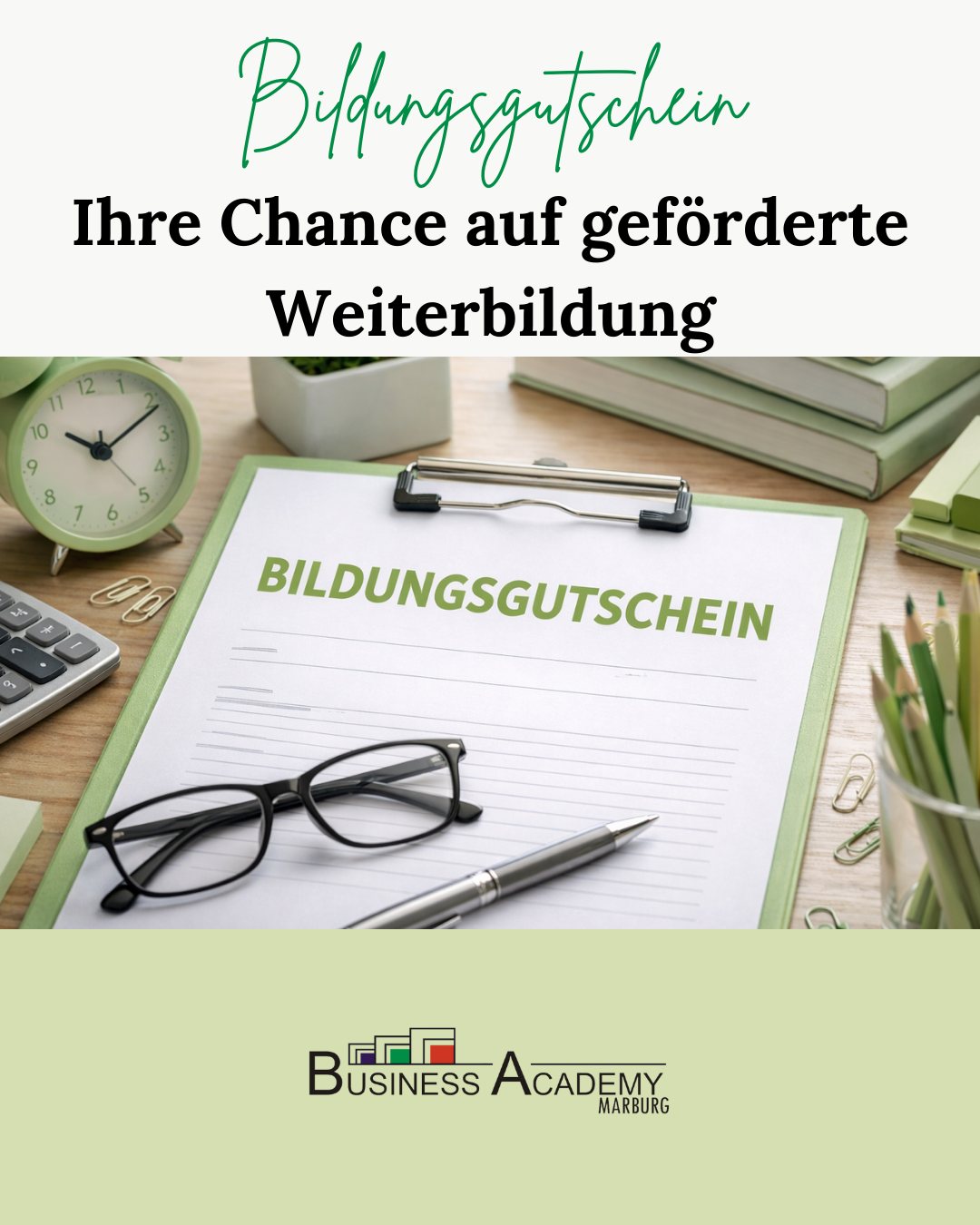 Jetzt mit Bildungsgutschein weiterqualifizieren und Ihre Karriere im Gesundheits- und Pflegewesen gezielt voranbringen!
Die Business Academy Marburg ist ein zugelassener Bildungsträger und bietet praxisnahe Weiterbildungen, die über einen Bildungsgutschein der Agentur für Arbeit oder des Jobcenters förderfähig sind.
Nutzen Sie die Chance, Ihre Weiterbildung komplett oder teilweise fördern zu lassen und qualifizieren Sie sich als Berufspädagog*in für Gesundheit und Pflege oder Mentor*in für lebensphasenorientierte Personalentwicklung.
Unsere Weiterbildungen verbinden wissenschaftlich fundierte Inhalte mit hoher Praxisorientierung.
Mehr über die Fördermöglichkeiten und den Weg zum Bildungsgutschein erfahren Sie in unserem aktuellen Blogbeitrag:
https://www.academy-marburg.de/post/der-bildungsgutschein-ihre-chance-auf-geförderte-weiterbildung
#bildungsgutschein #weiterbilung #pflege