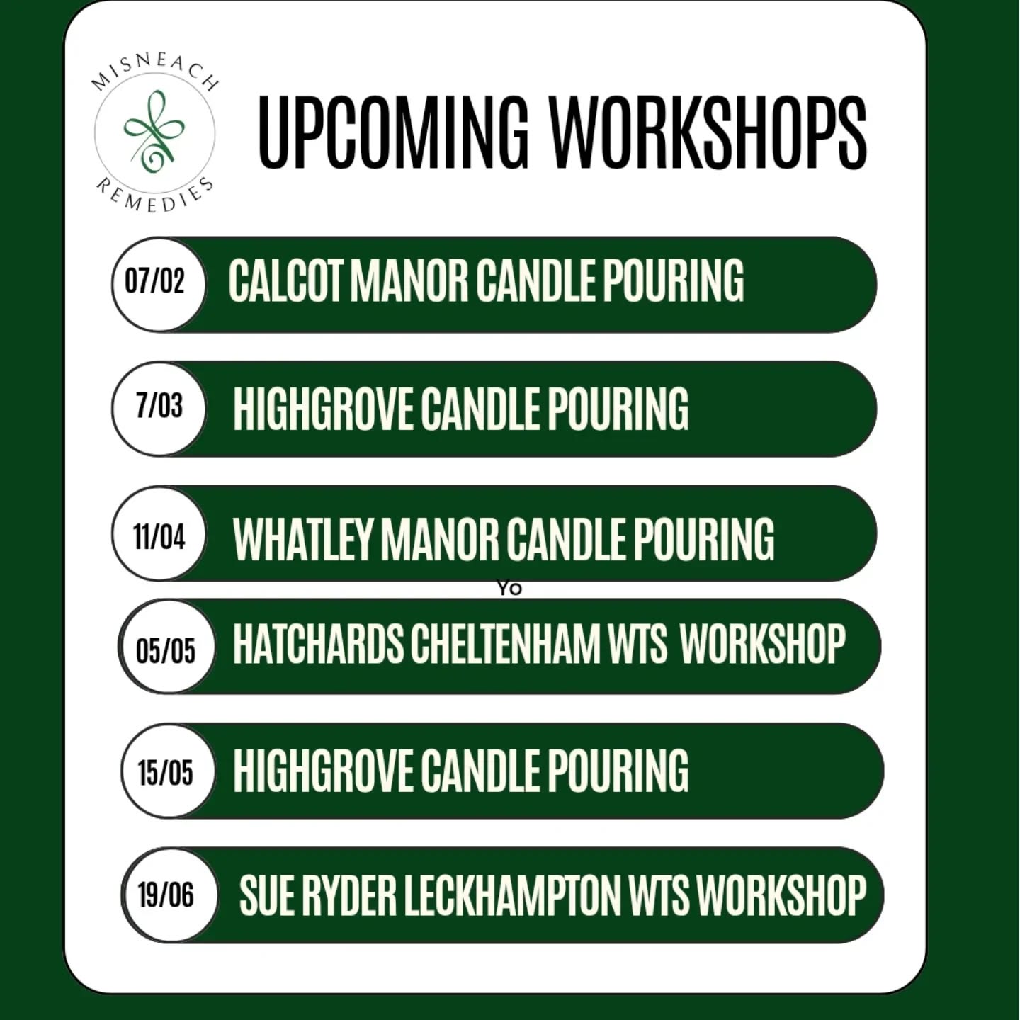 Incredibly excited and honoured to announce my Candle Pouring Workshops for 2026, so far.
Please book all directly with @calcot_and_spa @highgrovegarden @wtscollective @whatleymanor (Eeekkk, the best locations I could ever wish for..).
Any queries feel free to read through the different offerings on my website under Workshop section. Or email me directly to ask anything or direct on the venues' sites.
Le grá,
Jennie xxx
#CotswoldExperiences #Aromatherapy #CandlePouring #Workshops #MisneachRemedies