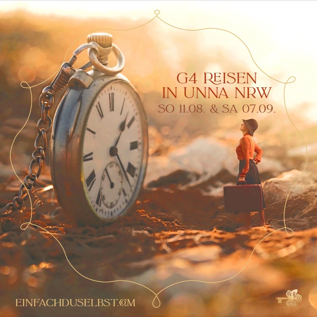 ✨✨✨✨✨✨✨✨
G4 REISEN IN UNNA
✨✨✨✨✨✨✨✨
👉 SO 11.08.2024
👉 SA 07.09.2024
⏰Jeweils von 15-18 Uhr
💌 Einzeltermine auf Anfrage
✨✨✨✨✨✨✨✨
"OUR HISTORY IS NOT THE SAME OLD STORY."
Unsere Lebens-Geschichte braucht nicht, die sich immer wiederholende gleiche Leier zu sein…
Auf unserem Lebensweg oder auch in Raum & Zeit haben wir die ein oder andere Blockade entwickelt & dabei - manchmal sogar sehr VIEL - ENERGIE von uns stehen lassen. Diese Energie fehlt uns dann für die freie Gestaltung unseres Lebens, in Zufriedenheit & Erfüllung.
Die Ursachen unseres gebundenen POTENTIALS liegen oft verborgen im Unbewussten und können gegebenenfalls Generationen, bzw. viele Etappen & Kleider der eigenen Erfahrungsreise der Seele, zurückliegen.
✨✨✨✨✨✨✨✨
WAS IST G4 REISEN & WAS BEWIRKT ES
Beim G4 Reisen nimmst Du die Möglickeit wahr, ALTE THEMEN, die auf ANDEREN ZEIT- UND RAUMEBENEN oder in deiner AHNENREIHE entstanden sind, zu lösen. Dabei holst du dir DEINE ENERGIE aus der angestauten Blockade WIEDER ZURÜCK.