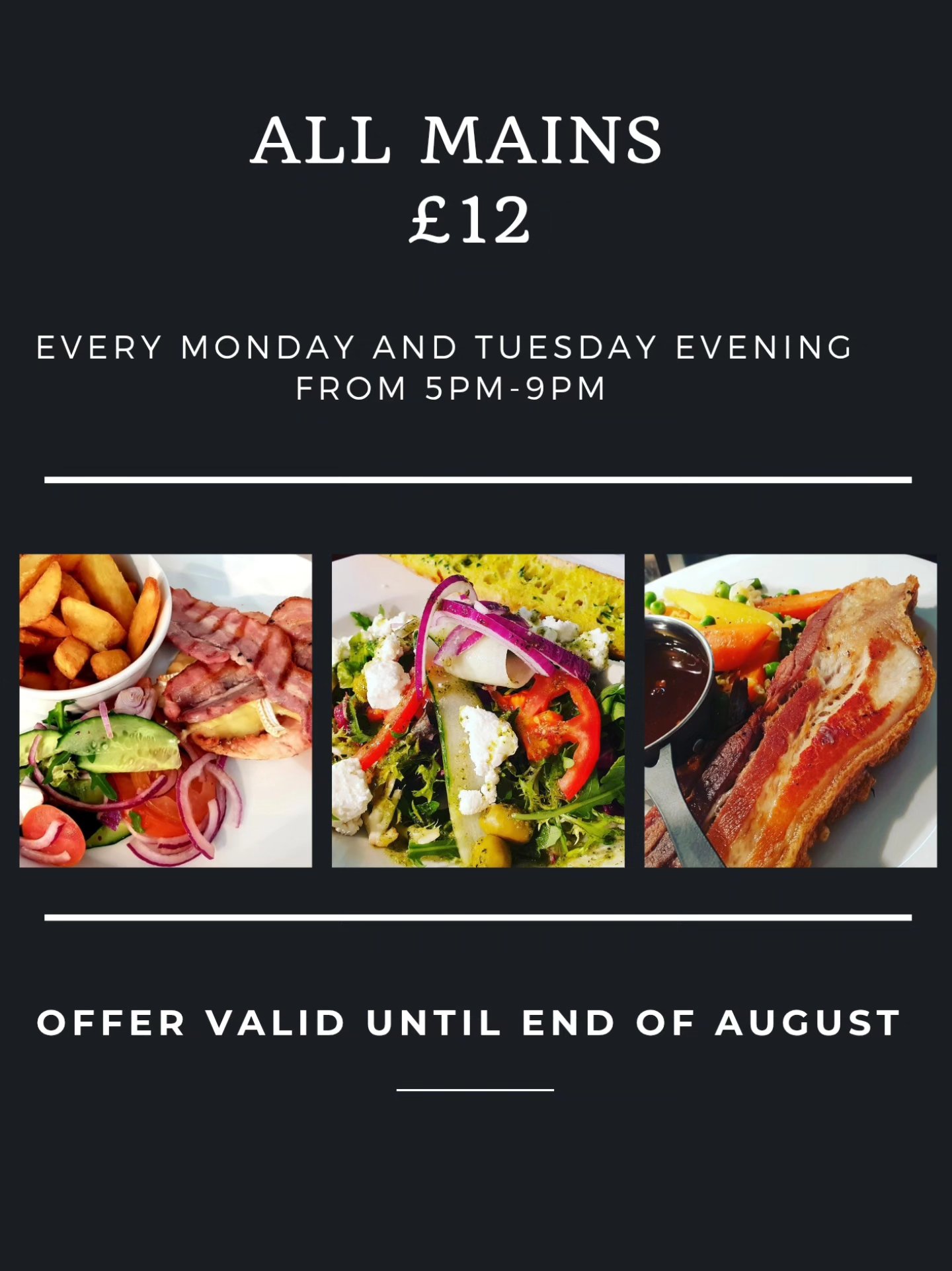All Mains £12🤩
Every Monday and Tuesday evening!
Book now!