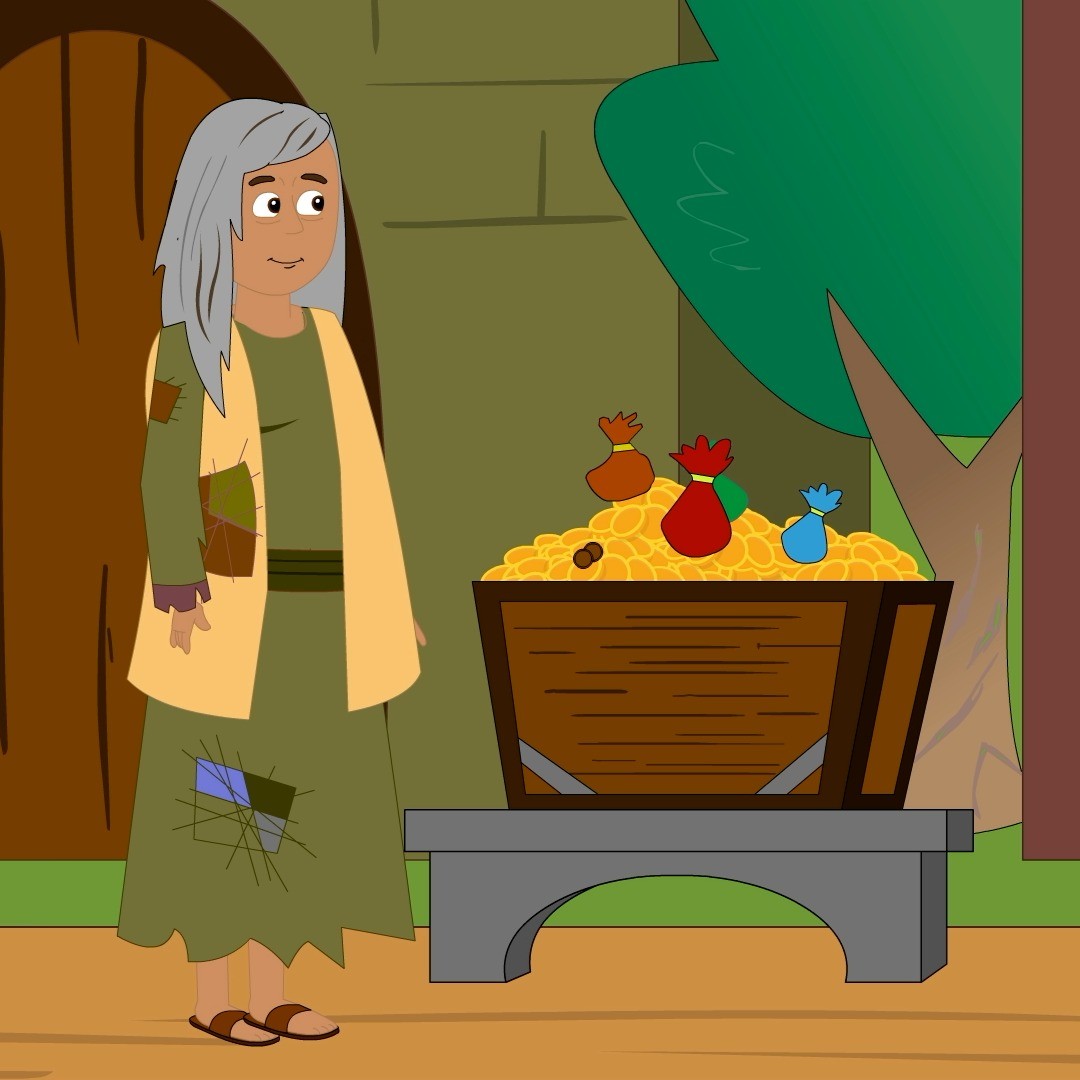 Á meðan Jesús beið í Jerúsalem eftir páskahátíðinni, kenndi hann daglega í musterinu um Guðs ríki og hvað ætti eftir að gerast. Eitt sinn leit Jesús upp og fylgdist með mörgu ríku fólki gefa stórar gjafir til musterisins. Í þann mund kom fátæk ekkja sem gaf bara tvo litla peninga. Jesús vissi að ríka fólkið gaf það sem það þurfti ekki en hann vissi að ekkjan gaf allt sem hún átti. Hann sagði því fólkinu í kringum sig að þessi fátækja ekkja hafi gefið meira en allir hinir (Markús 12:41-44) 🪙🪙
Jesús er ekki eins og aðrir konungar sem meta ríkidæmi eftir miklum peningum og öðrum auðæfum. Í hans konungsríki þarf fólk ekki að eiga mikið til að geta gefið. Jesús kenndi okkur að safna ekki fjársjóðum á jörðinni heldur safna fjársjóðum á himni því hvar sem fjársjóður okkar er, þar mun hjartað okkar vera (Matteus 6:19-21) 👑