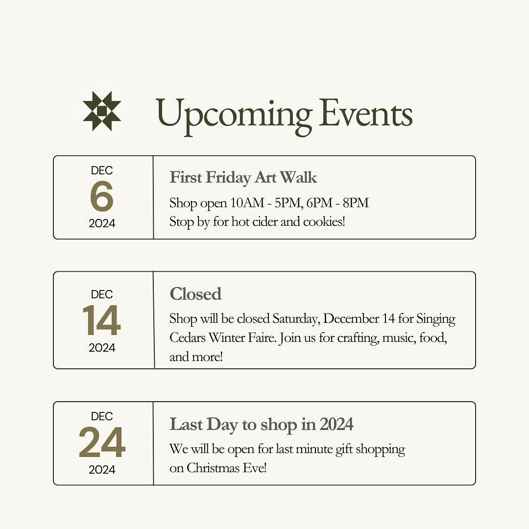 Upcoming dates to note 📝 We will be open tomorrow evening for Art Walk. Stop by for some hot cider and cookies!