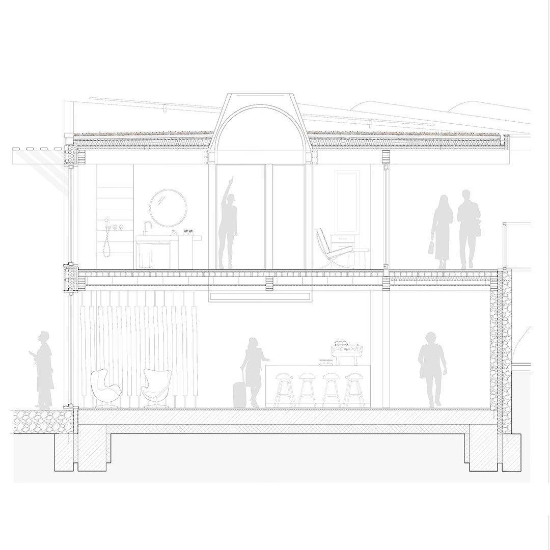 Project 3
Eco Hotel Catalonia
Named after the Tavertet living Catalonian philosopher, Raimon Panikkar (1918-2010). The Raimon Panikkar Hotel design follows this philosophers ideas around the interconnection between nature and humanity, rather than commercially exploiting the site with a human-centric, solely view-oriented volume. The hotel places nature at its center and raises environmental awareness among visitors.
Built with local granite and wood/clt in a strict 3m grid alone, the construction is completely prefabricated in elements; lowering construction effort and environmental impact.
The granite walls carve out of the mountain and are topped with a light wooden construction that reflects the surrounding nature where the trees grow out of the cliffs. A site visit showed a natural spectacle, defining the genius loci.
Due to the climatic conditions of the Pre-Pyrenees in combination with the Panta de Sau, intense morning fog develops.
A low-tech design with fog collectors and solar chimneys can harvest the fog and create natural ventilation. The naturally collected water and the solar panels on the roof allow the hotel to function primarily self-sufficient.
Beneficial impact on the local community, the hotel creates jobs for regional employees. Guests can stay for a few hours or several weeks and enjoy the local cuisine, relax in the spa, visit workshops for sustainable tourism and species protection, and above all reconnect with nature.
#architecture #architect #detailing #architectural #details #hoteldesign #masterthesis #circle #bestnewarchitects #modelarchitecture #potd #new #realestate #design #designhotel #larsenliverpool #architecturecompetition #woodarchitecture #ecofriendly #newpost #architecturelovers #studentwork #archiporn #archigram #hotel #newartist #arquitectura #arch #discover #architecture_hunter