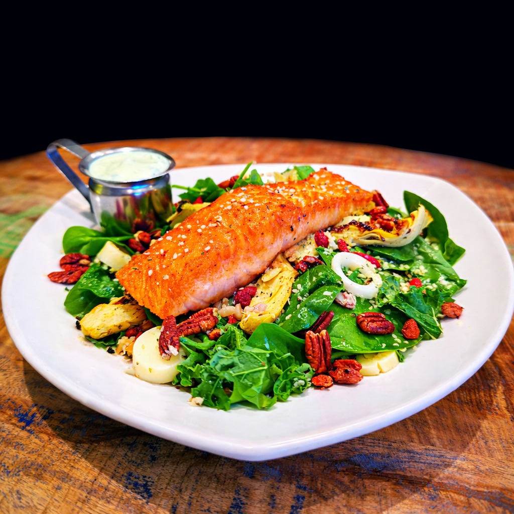 Available all month for @visitlakecounty Lake County Flavor Festival... The Happy Hearts Salad!
Featuring Fresh Spinach, Kale, Artichoke Hearts, Hearts of Palm, Hemp Hearts,
Goji Berries, Farro, Toasted Pecans, Seared Salmon and an
Avocado Greek Yogurt Herb Dressing.