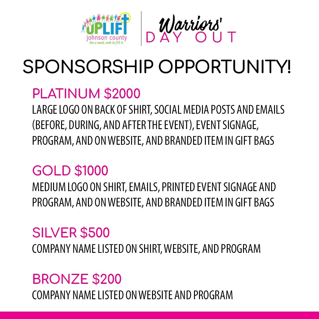 🚨 URGENT – SPONSORSHIPS NEEDED! 🚨
Our 4th Annual Warriors' Day Out is officially on a waitlist, and we need your help right now.
This incredible event has already filled 100 available spots for breast cancer warriors and their supporters. We still have 20 more ladies waiting for the chance to attend.
To make this happen, we urgently need $1,500 in sponsorships.
That support would allow 20 additional cancer warriors and survivors to experience this life-giving, joy-filled day.
Warriors' Day Out is truly a blessing — a day of connection, encouragement, and celebration for those who have fought breast cancer so hard. We don’t want to turn anyone away.
If you or your business can sponsor, donate, or help spread the word, please step in now. Every dollar makes a difference, and time is critical.
Contact us at info@upliftjoco.org or 317.300.8855 for more info on how you can help.
💕 Thank you for supporting our warriors when they need it most.
