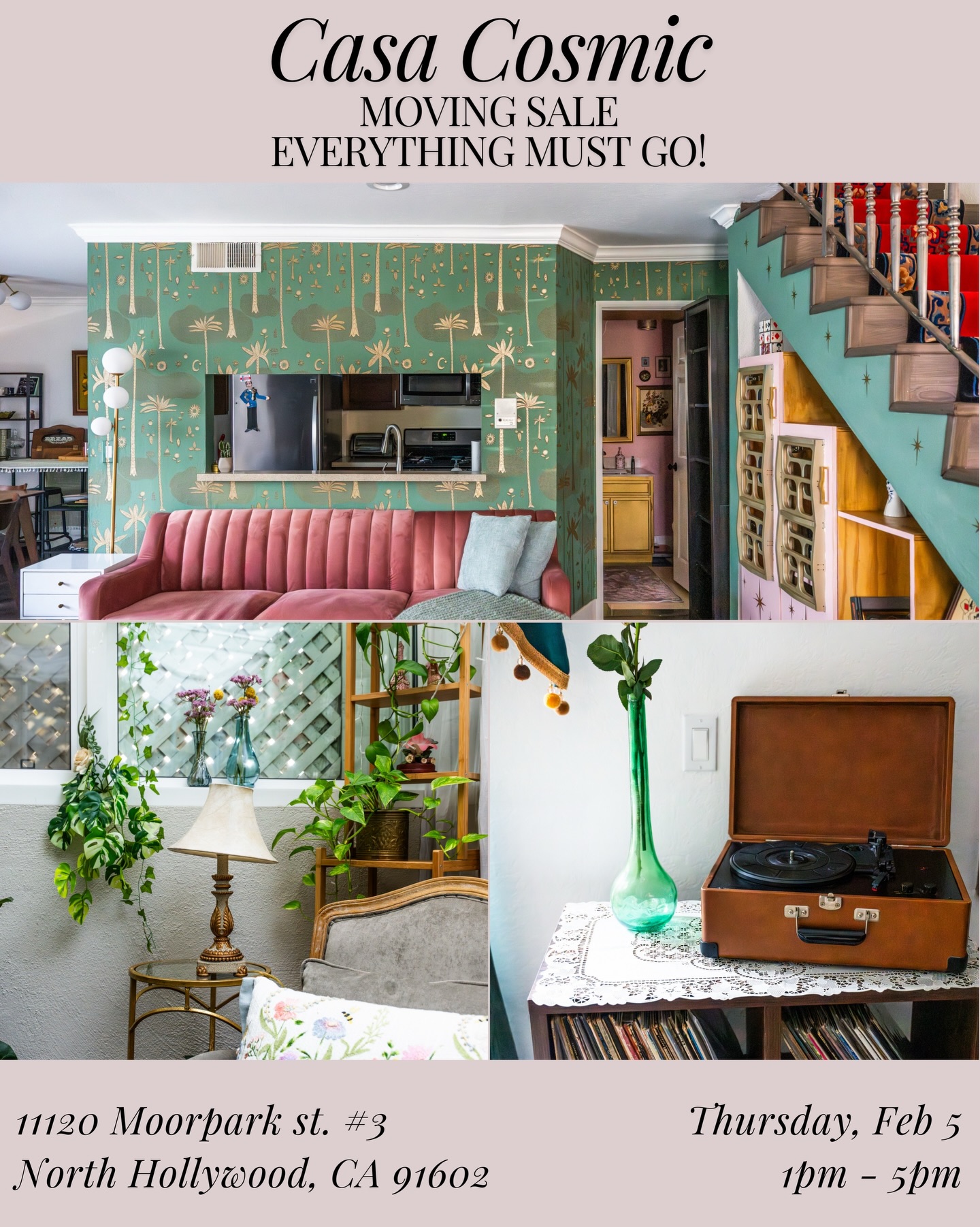 MOVING SALE. TOMORROW ONLY.
1:00 PM – 5:00 PM
Everything must be out of the condo.
Selling items at low prices, with some items free.
DM for dibs if you see something you want. We will set a fair price!
More items available than shown here. See the 3D tour link in my bio.
11120 Moorpark St. #3
North Hollywood, CA 91602
P.S. feel free to stop by even if it’s just to say hi! We’d love to see ya!