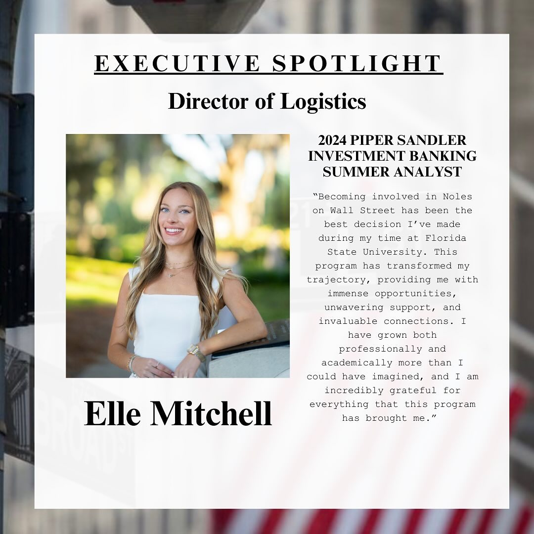 🔔Our final Executive Spotlight is our Director of Logistics, Elle Mitchell! Elle will be interning at Piper Sandler in their Healthcare Investment Banking Division this summer in Charlotte, NC.