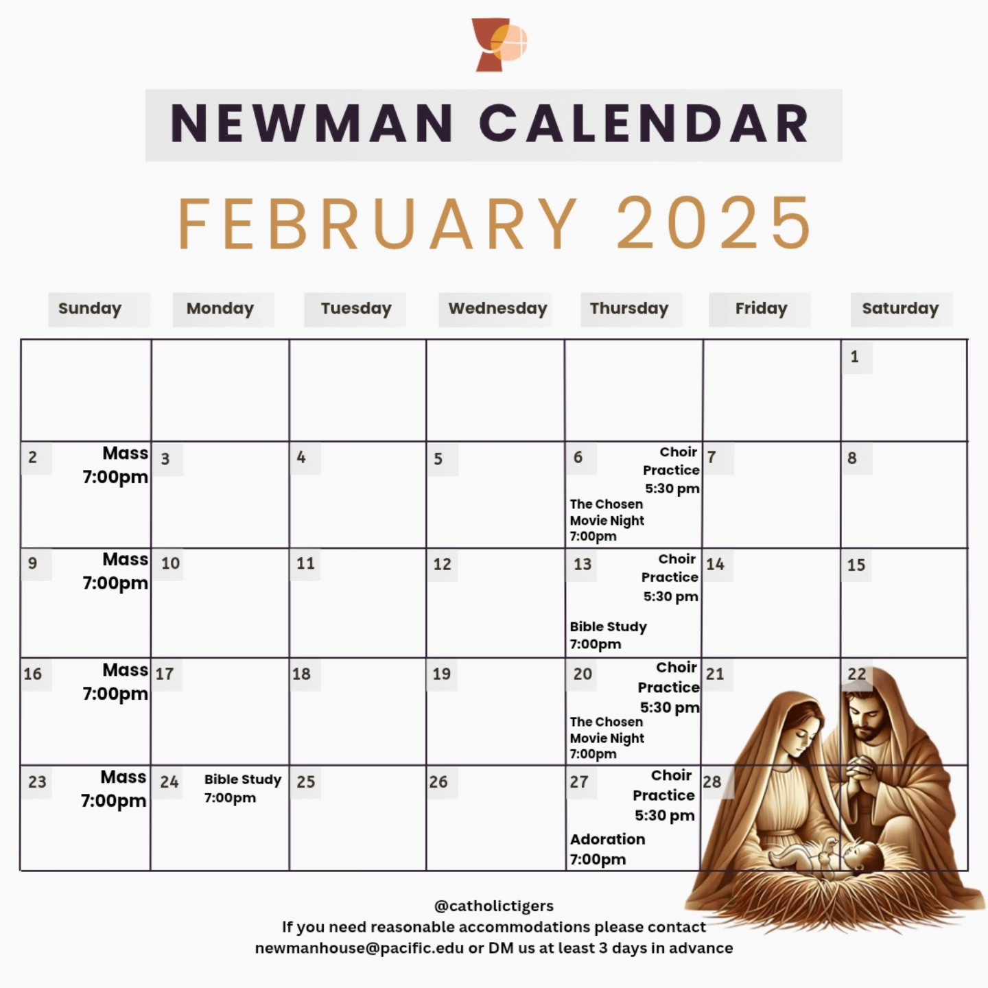 Here is our February Calendar.
✨️Did you know February is the month of the Holy Family? Jesus, Mary, and Joseph. The Holy Family is a model for Christian families. Let us imitate them by praying together (especially the rosary) and practicing the family virtue of forgiveness 🙏🏼✨️