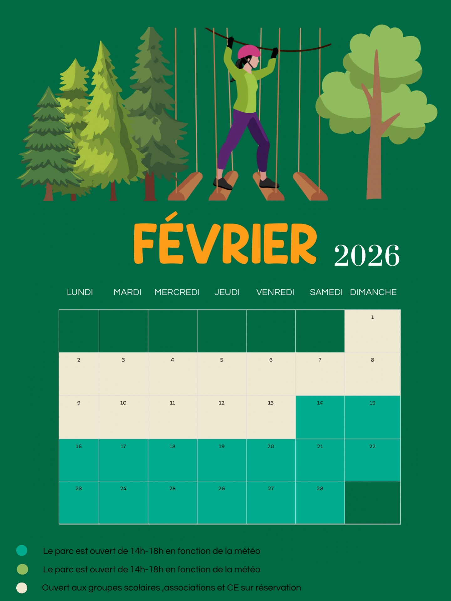 La saison 2026 du Fun Park démarre pendant les vacances de février !
Nous vous attendons nombreux pour partager de bons moments à l’accrobranche.
On espère que la météo sera au rendez-vous avec nous pour profiter pleinement de cette nouvelle saison pleine d’énergie et des nouveautés !!!🌳🌳🌳🌳🌳🌳
#accrobranche #dirinon #février #vacances #bzh