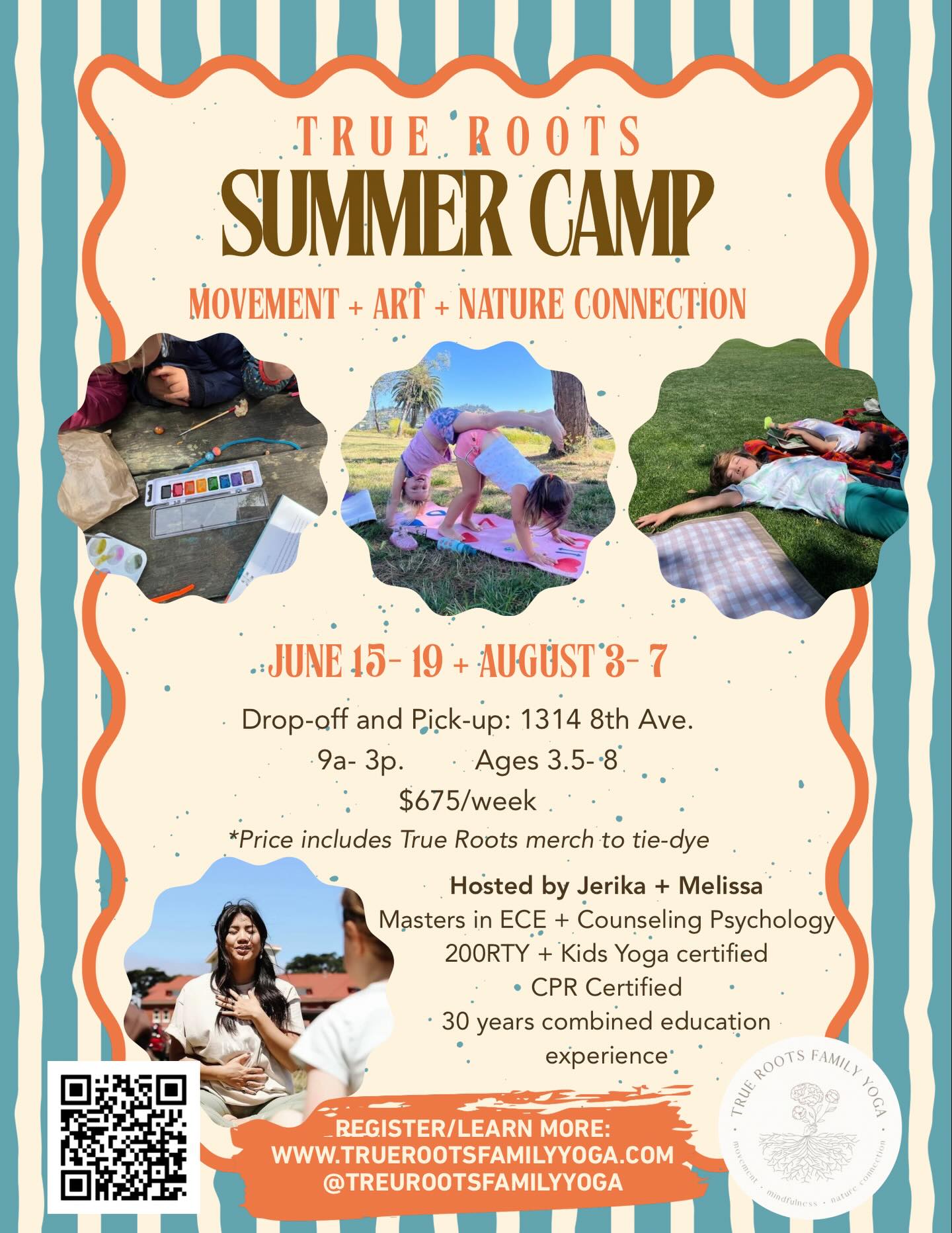 ๐SUMMER CAMP IS ON!
Kids 3.5-8
*teen leadership available!
Last minute decided to add summer camps and I get to lead with my bff Melissa, @m1558!
free to move. breathe to create. rooted in soul.
yoga + movement
breath work + meditation
art + nature exploration
๐drop off @outervillage
๐ณnature exploration at Golden Gate Park.
๐Registration includes @truerootsfamilyyoga merch for tie-dye
Link in bio for camp registration and information!