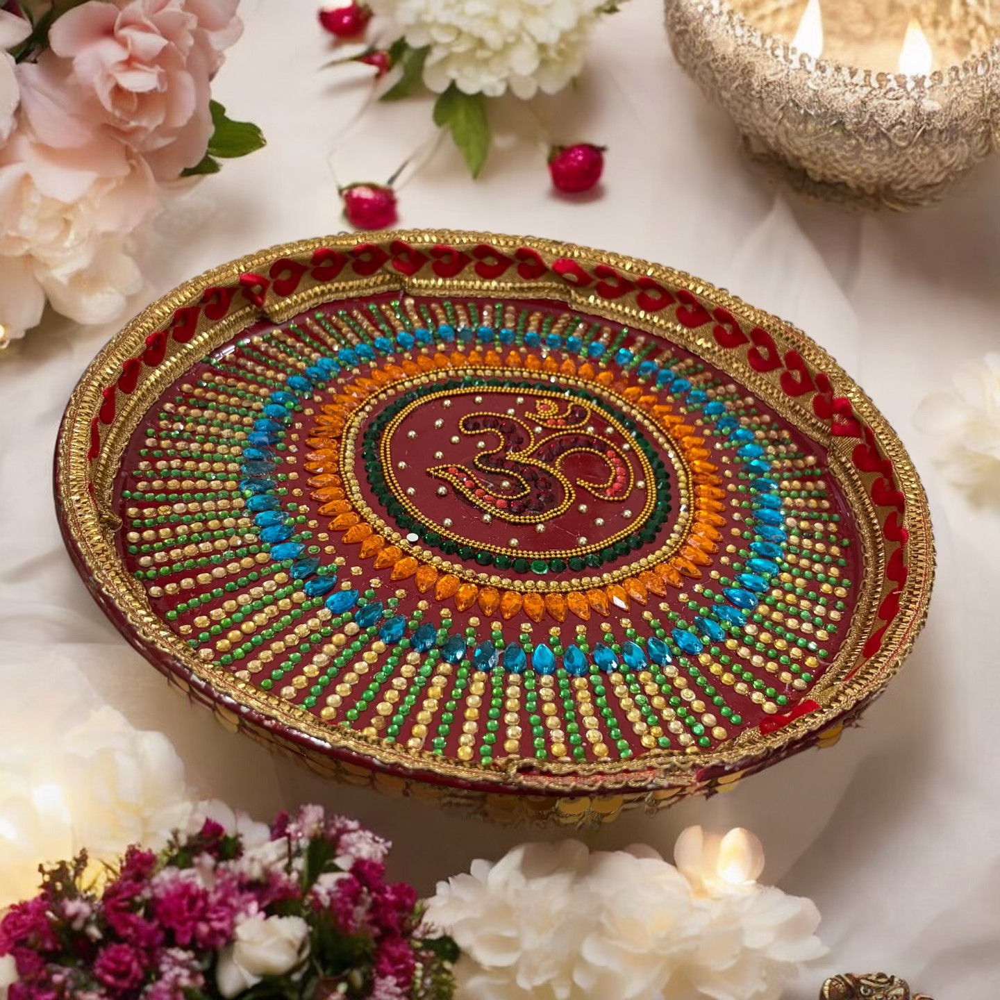 🕉️ centered pooja thali embedded with stones to give a divine touch 💫. #thali #poojathali #om #verahandicraftstore #platter DM to Order 💌