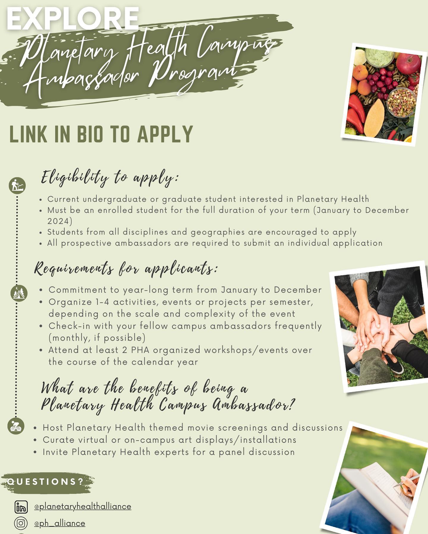 This is an exciting opportunity for someone looking for experience in the environmental field!
Calling all undergraduates! The Plant Helath Alliance is looking for ambassadors. Program is now accepting applications for the year of 2024.
For undergraduates interested in:
environmental sciences
Resource management
Education
Outreach
Link in Bio of Website & Application
For More Info follow @ph_alliance