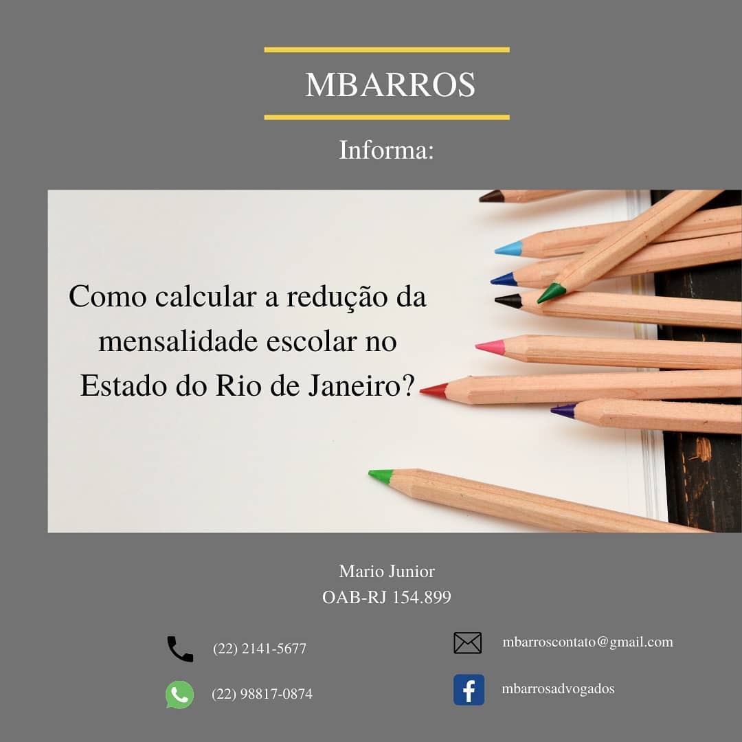 Como calcular o Desconto na Mensalidade Escolar no Estado do Rio de Janeiro?
Inicialmente, é importante lembrar que a Lei 8884/2020 do RJ, publicada no último dia 03/06/2020, estabelece que: - O desconto é obrigatório, e não opção da escola; - Independente do valor da mensalidade informado pela escola, o desconto deve incidir sobre o valor da mensalidade praticada (aquela que foi negociada entre cada pai e a escola); - O desconto efetivo não será de 30% sobre o valor da mensalidade, pois deve-se substrair dela o valor da faixa de isenção (conforme exemplo a seguir). Apenas para esclarecer, tomemos como exemplo 02 cenários: => Cenário 1: mensalidade no valor de R$ 1.000
- Mensalidade = R$ 1.000
- Faixa de Isenção = R$ 350
- Base de Cálculo = R$ 650 (1.000 - 350)
- Desconto de 30% sobre 650 = R$ 195
- Mensalidade com desconto = R$ 1.000 - 195 = R$ 805
- Desconto efetivo = 19,5% => Cenário 2: mensalidade no valor de R$ 2.000
- Mensalidade = R$ 2.000
- Faixa de Isenção = R$ 350
- Base de Cálculo = R$ 1.650 (2.000 - 350)
- Desconto de 30% sobre 1.650 = R$ 495 - Mensalidade com desconto = R$ 2.000 - 495 = R$ 1.505
- Desconto efetivo = 24,75%
#atualização
#legislação
#lutaporjustiça