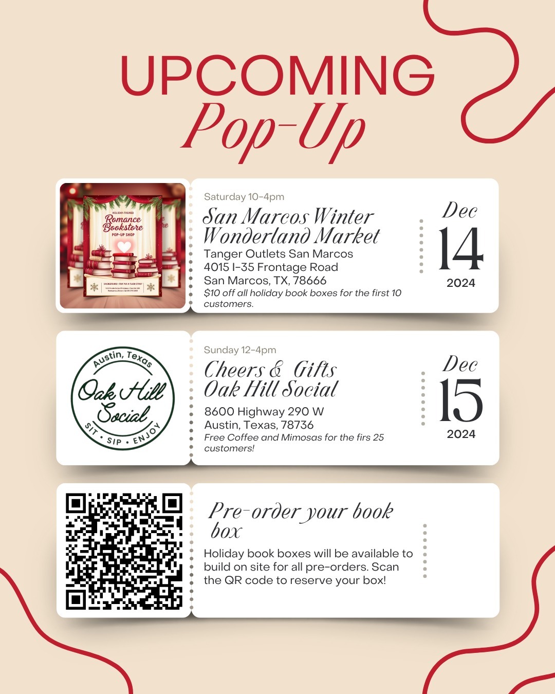 Its pop-up season and we have two events this week! Come by and get your holiday book gifts and get to know us! Both events will have book boxes available for purchase as well! #austin #sanmarcos #books #romancebooks #holiday