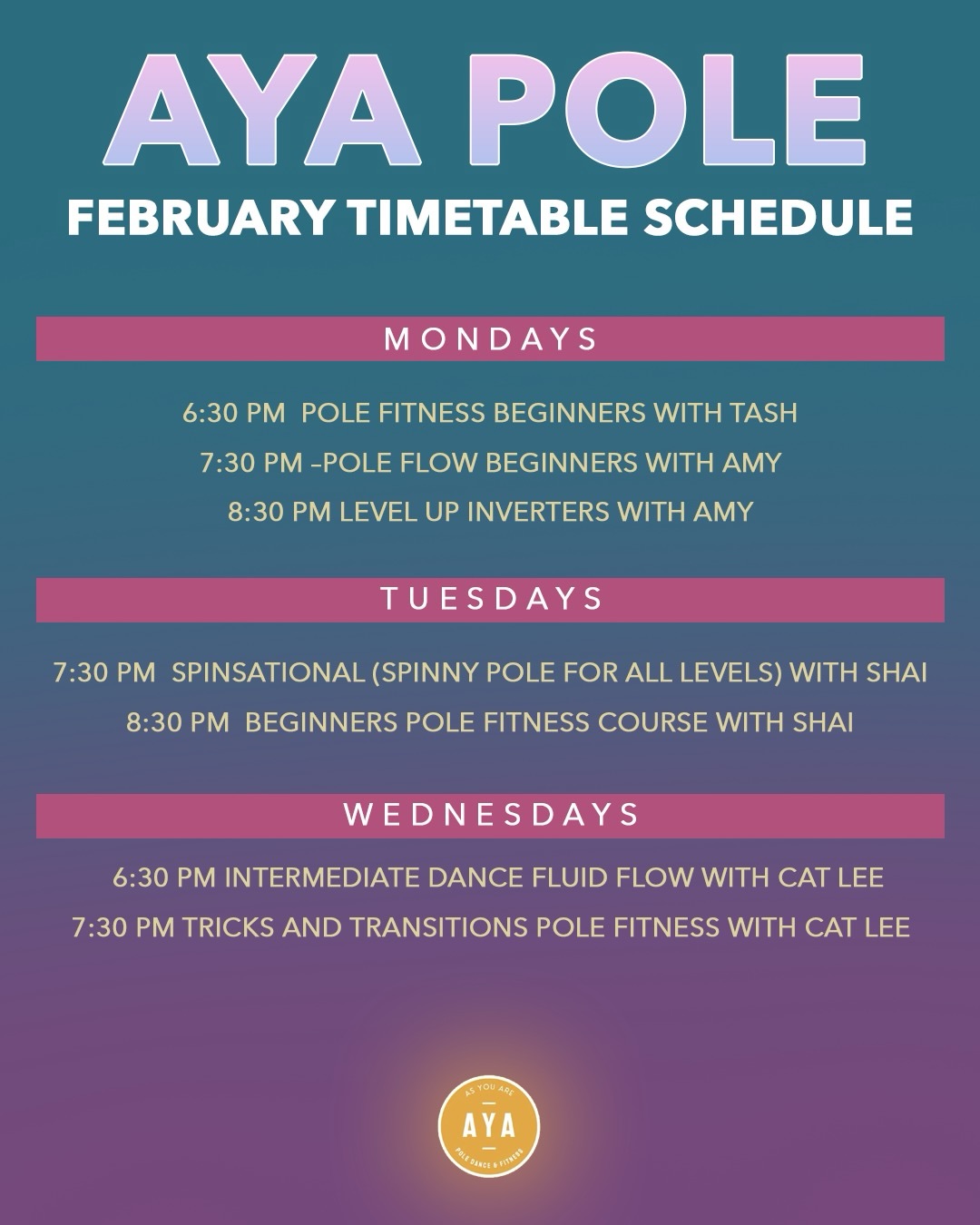 AYA February Timetable is HERE 💫
New month, fresh routines and all your fave classes ready for you to book 🔥
Whether you’re working on strength, flow, heels confidence or floorplay… we’ve got you 🤗
📍South London
🖤 All levels welcome
🎟️ Book via the link in bio