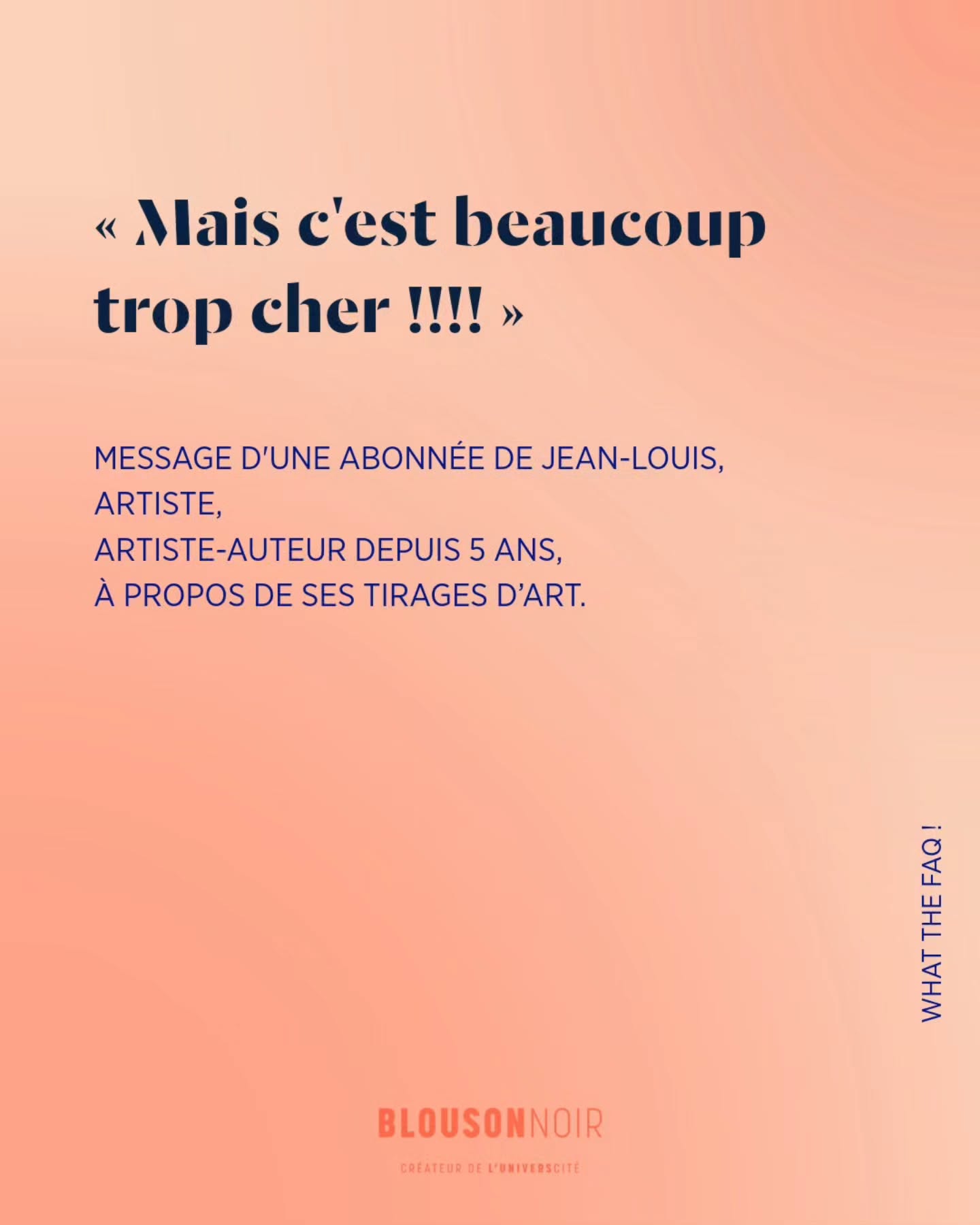 Dans #WhatTheFAQ, je partage des conseils actionnables pour répondre aux questions/remarques surprenantes de vos clients/es, prestataires, proches…
😑 Ces demandes sont parfois intentionnelles, plus ou moins habilement énoncées par votre interlocuteur/trice, pour vous emmener là où il/elle le souhaite.
😅 Mais majoritairement, elles sont lancées tel un automatisme :
• sans y avoir réfléchi,
• sans penser aux conséquences pour vous,
• sans que votre interlocuteur/trice ne se demande si cette exigence serait acceptable pour lui/elle-même,
• et bien souvent, en affirmant des idées reçues « C’est normal ! », « C’est la manière de procéder depuis des années ! », « Les autres freelances acceptent, pourquoi pas vous ? »…
🚨 Ce n’est pas parce que ces comportements sont répandus qu’ils sont pour autant acceptables. 🚨
Je pointe ces habitudes pour nous questionner chacun/e (tant dans le rôle du prestataire que dans celui du/de la client/e) sur les pratiques abusives, les remarques désagréables, les avis non sollicités, que nous entendons régulièrement. 😱
Je pointe ces usages en toute bienveillance. Soyons honnêtes, cela peut arriver à tout le monde de :
• formuler maladroitement une demande 😅
• répondre favorablement à une mauvaise pratique car nous ne savons pas comment refuser (ou que nous ne l’avons pas identifiée comme telle sur le moment).
Retrouvez des conseils directs dans ce carrousel pour vous aider à :
👀 Prendre conscience que ce n’est pas normal,
🤯 Ne plus être déstabilisé/e ou affecté/e,
😉 Savoir comment répondre !
💬 Comment répondez-vous ?
Vos conseils peuvent être utiles à d’autres entrepreneurs/es créatifs/ves. 🙏
#RelationClient #RespectCreation #EntrepreneuriatCreatif #FormationEntrepreneuriatArtistique
