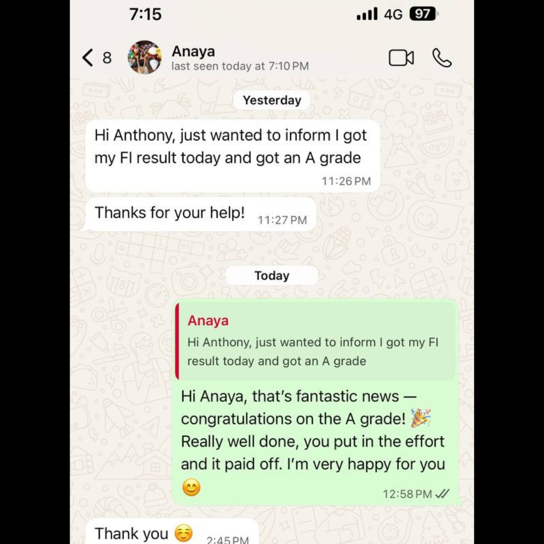 🎉 A grade achieved in Financial Intermediation (FI: FN2029 module)! 🎉
Proud of Anaya for scoring an A through consistent effort and focused preparation 📘👏
With the right structure and guidance, even challenging finance modules can be mastered.
📩 DM me if you’re looking for FI tutoring support
#StudentSuccess #FinancialInstitutions #FI #TutoringResults #FinanceTutor #GradesMatter #HardWorkPaysOff