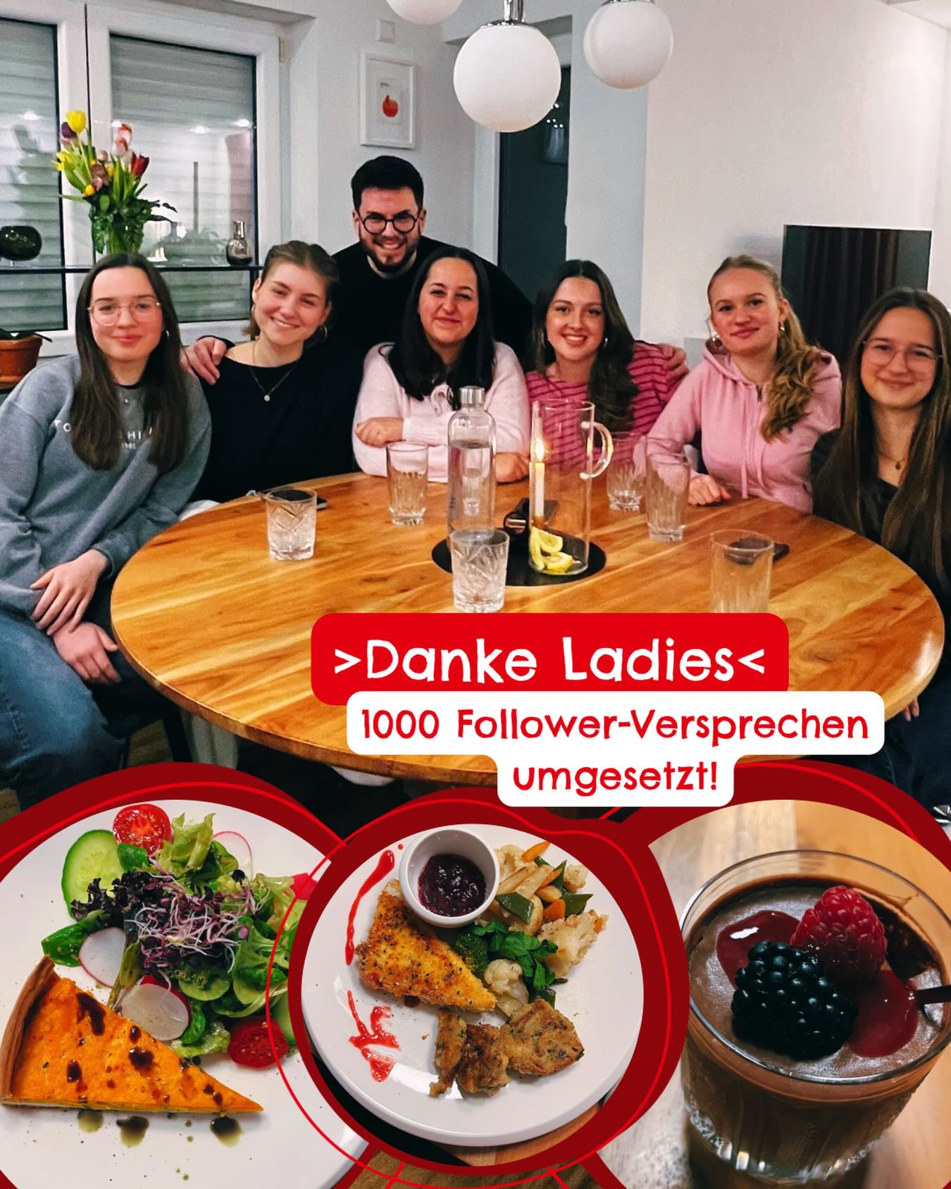 Danke Ladies 🙌🏼
Vor ein paar Wochen waren es hier auf Insta knapp unter 1000 Follower. Dann gabs von mir das Versprechen: Wer die 1000 knackt wird zum Essen eingeladen 🍽️
Kurz vor knapp kam dann ne ganze Clique neu dazu.
Also: Alle 6 waren eingeladen 👏🏼
Charlotte, Helen, Ida, Lena, Luisa & Majka - vielen Dank euch für das Interesse und den tollen Abend mit euch 🤩
Zum Dreigang gabs Kürbiskuchen, Ziegenfeta, Gemüse, Knödel und Schokomousse 🤤
Challenge: Was passiert wohl, wenn es 2000 Follower werden? 👀
#MachaNeddSchwätza #LandkreisBiberach #LandtagswahlBW #SPD
