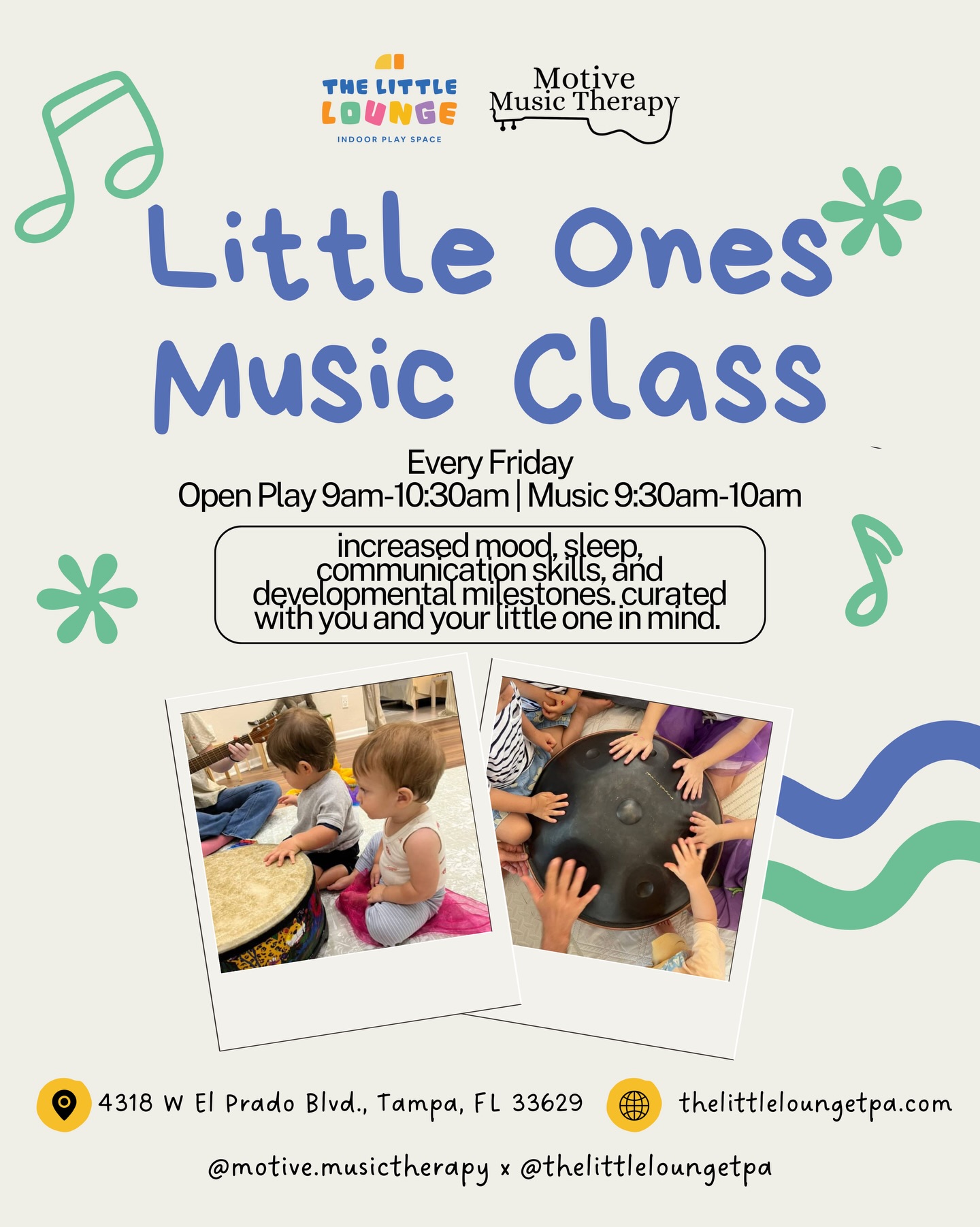 Every Friday @thelittleloungetpa 🫶🏼🎵 Ms. Anna leads our little ones music class, which is such a special class! 🫶🏼
When I met @thelittleyearstherapyco Samantha we started this class and now we get to see how it thrives in the community!
Sign up online @thelittleloungetpa 🎵🫶🏼
#musictherapy #musicclasstampa