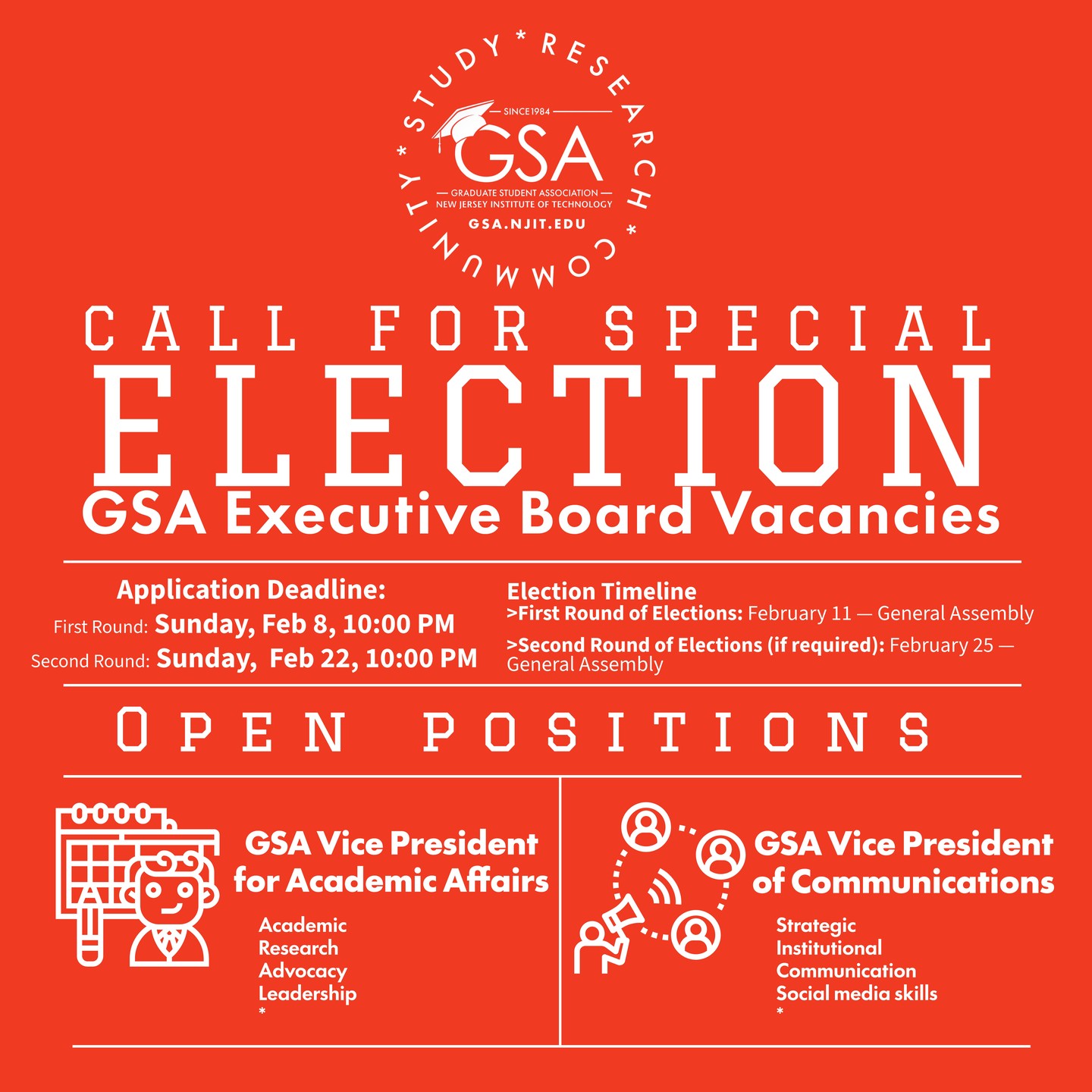 📢 CALL FOR SPECIAL ELECTION
🎓 GSA Executive Board Vacancies
The Graduate Student Association (GSA) is now accepting applications for the following positions:
🔹 Vice President for Academic Affairs
🔹 Vice President of Communications
✨ This is an opportunity to represent graduate students, shape academic initiatives, and strengthen communication across our community.
📅 Application Deadlines
🟢 First Round: February 8 | 10:00 PM
🟢 Second Round (if needed): February 22 | 10:00 PM
🗳️ Candidate presentations and elections will take place during the General Assembly meetings.
📩 Apply by sending your materials to gsa@njit.edu
Step up. Lead. Make an impact.
#NJIT #GSA #GraduateLeadership #StudentGovernment #NJITGrad #AcademicLeadership #GetInvolved