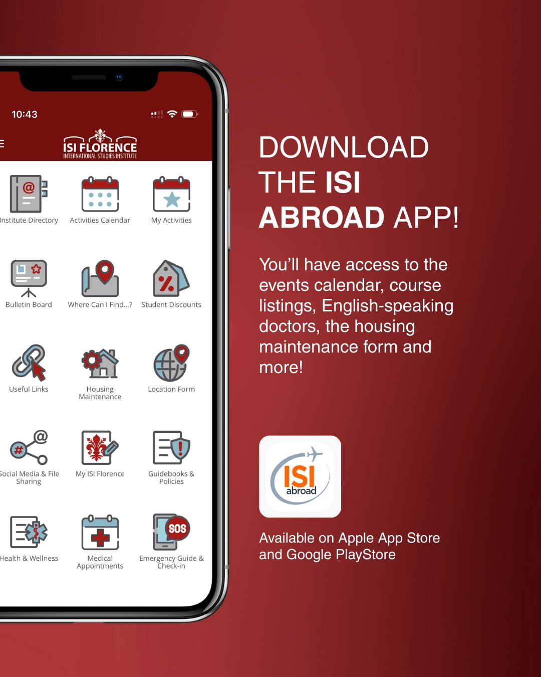 The ISI Abroad app is the essential tool for your time abroad! 🌍
Both our programs in Florence and Perugia use it to promote events and give students information, tips, and resources for their day-to-day life.
Download it now on the App Store or Google PlayStore.
ㅤ
#studyabroad #isiabroad #studyabroadtips