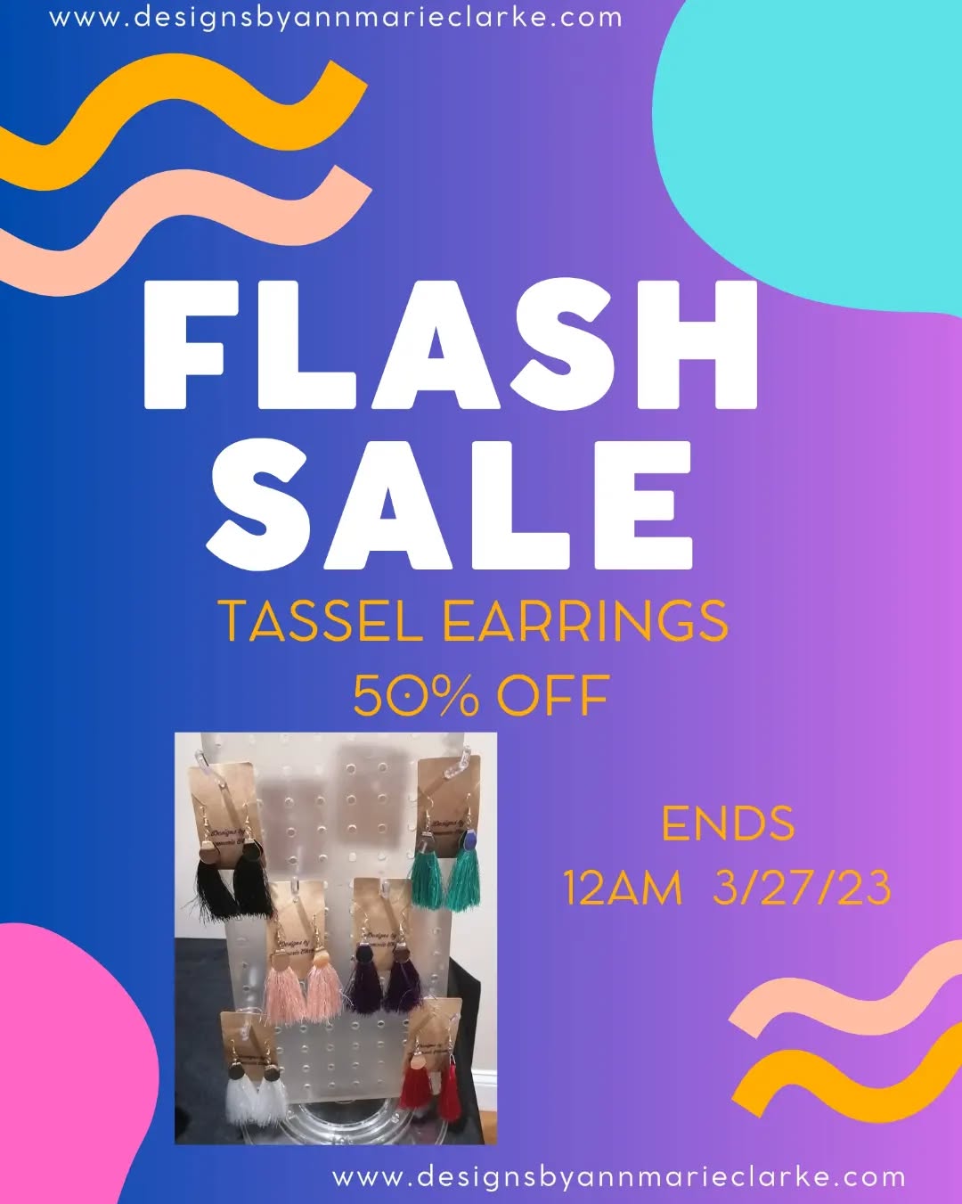 50% off tassel earrings (clip on included) purchased online
@ www.designsbyannmarieclarke.com
#flashsale #tasselearrings