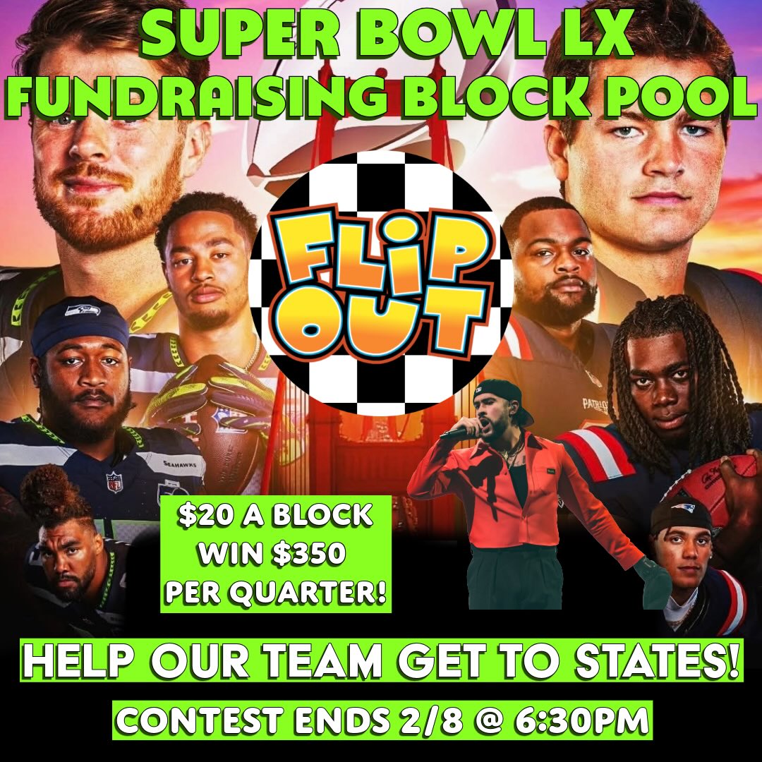 Superbowl 🏈🏈block pool NOW OPEN!! Help support our team athletes by participating in our block pool 🙌🙌 link in bio and in the highlights to join. #fundraiser #gymnastics #superbowl #flipoutproductions #philadephia