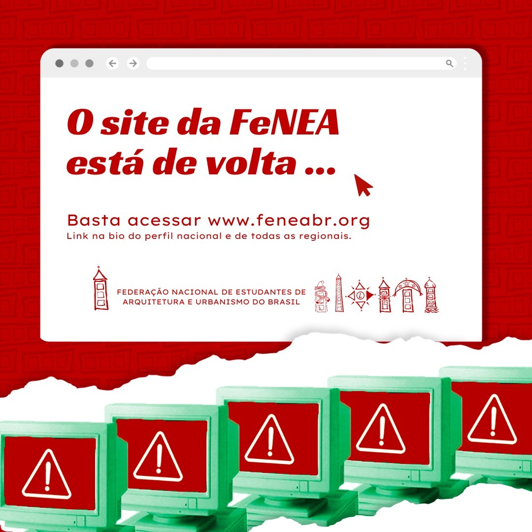 👏 Ele está de volta !! 👏
🎉 Depois um ano fora do ar o site da FeNEA está de volta, agora sob um novo domínio: feneabr.org.
😢 Para quem sentiu falta nesse período, o nosso site (que estava em atualização desde 2022...) precisou ficar um tempo desativado por conta da reorganização dos e-mails e domínios da Federação. Agora que conseguimos organizar a casa, ele finalmente pode ver a luz novamente.
🔨 Ressaltamos que o site ainda está em processo de manutenção, então algumas páginas estão sendo finalizadas.
📩 Se você possui alguma sugestão, crítica ou comentário relacionado ao nosso site, deixa aqui nos comentários ou nos envia na DM.
Grande abraço e um xêro,
Equipe FeNEA
#arquitetura
#urbanismo
#paisagismo
#planejamentourbano
#arquiteturadapaisagem
