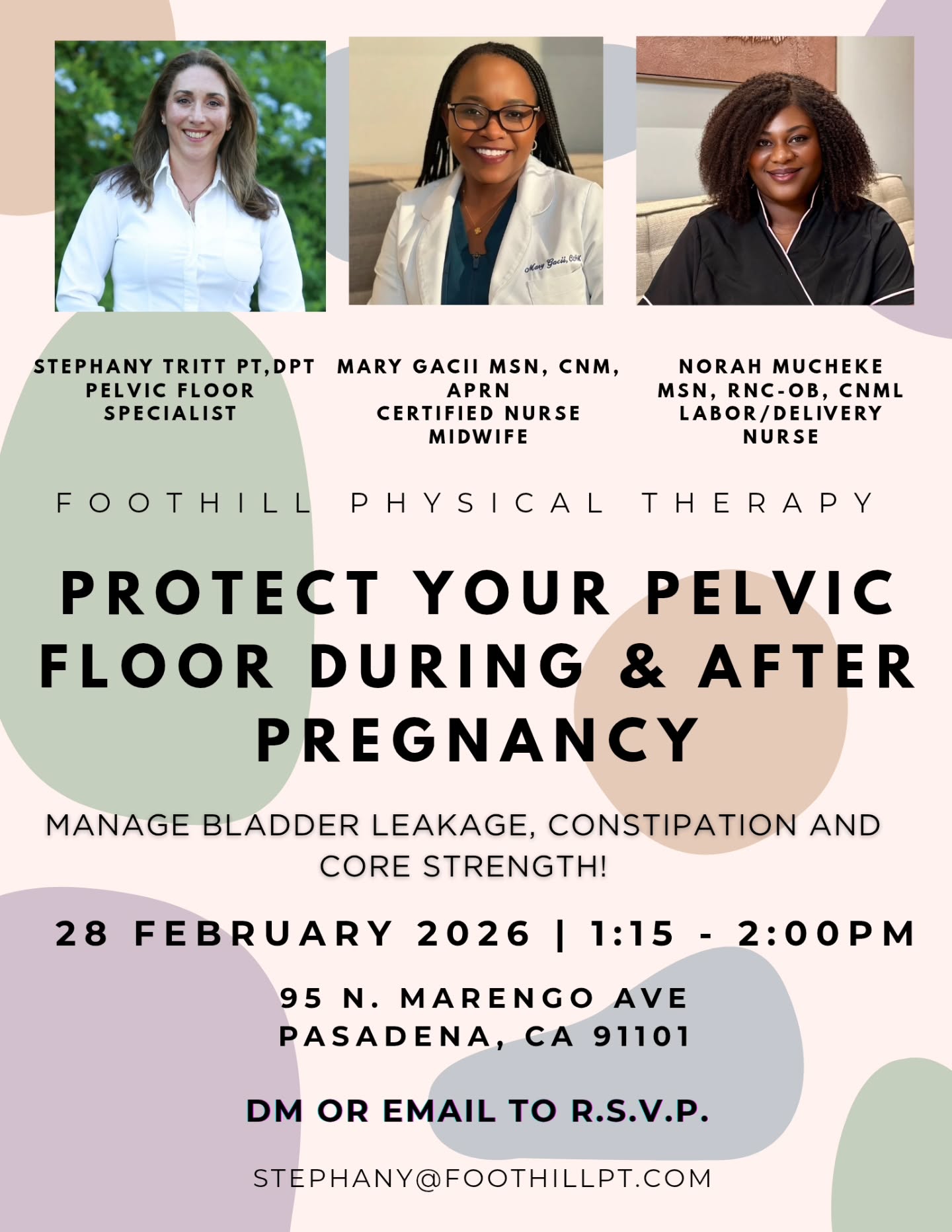 Are you pregnant or postpartum and wondering what you can do to prevent experiencing leakage, bowel problems and keep your core strong? And more!
Come join us with other moms in the community for learning and bonding!
Tell a friend!
DM to RSVP or email stephany@foothillpt.com