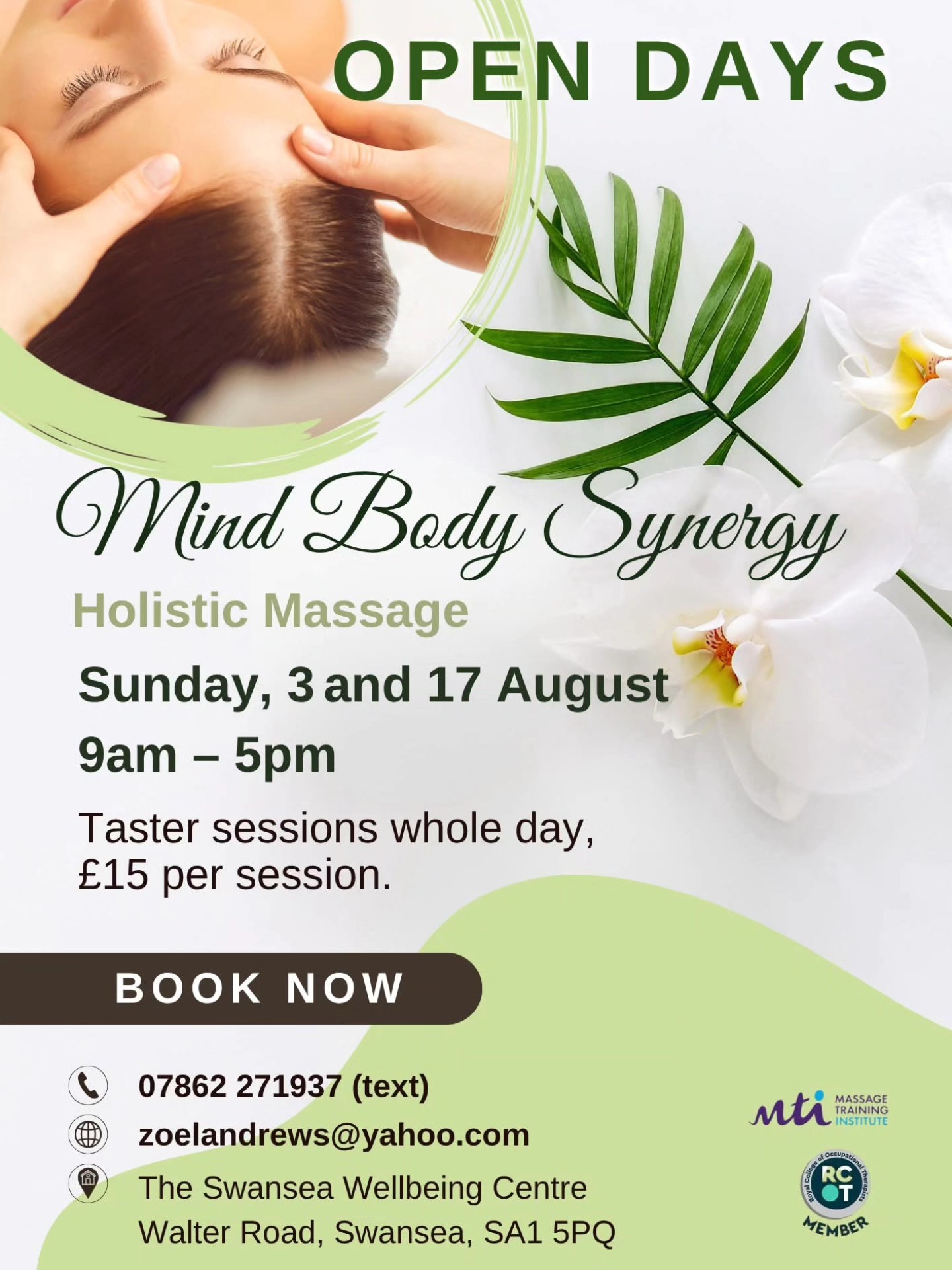 Open Days Mind Body Sinergy
Sunday 3rd and 17th August 9am-5pm
We’re excited to invite you to our Holistic Massage Open Day – a chance to relax, connect, and discover the healing benefits of bodywork.
Meet our new practitioner, Zoe, and enjoy a massage taster session for just £15. This is the perfect opportunity to experience Zoe’s intuitive, nurturing touch and find out how holistic massage can support your wellbeing.
Limited slots available – message to book 07862 271937 or zoelandrews@yahoo.com
#massage #openday #wellness #wellbeingswansea #wellbeingforall #swansea #massagetherapist