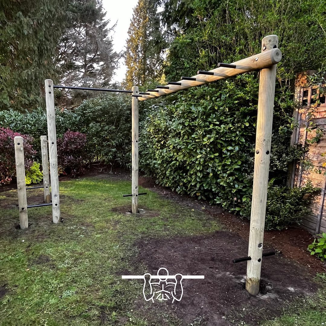 Superb installation of a pull up, monkey bar and dip station. #pullups #monkeybars #outdoorgym #gardengym