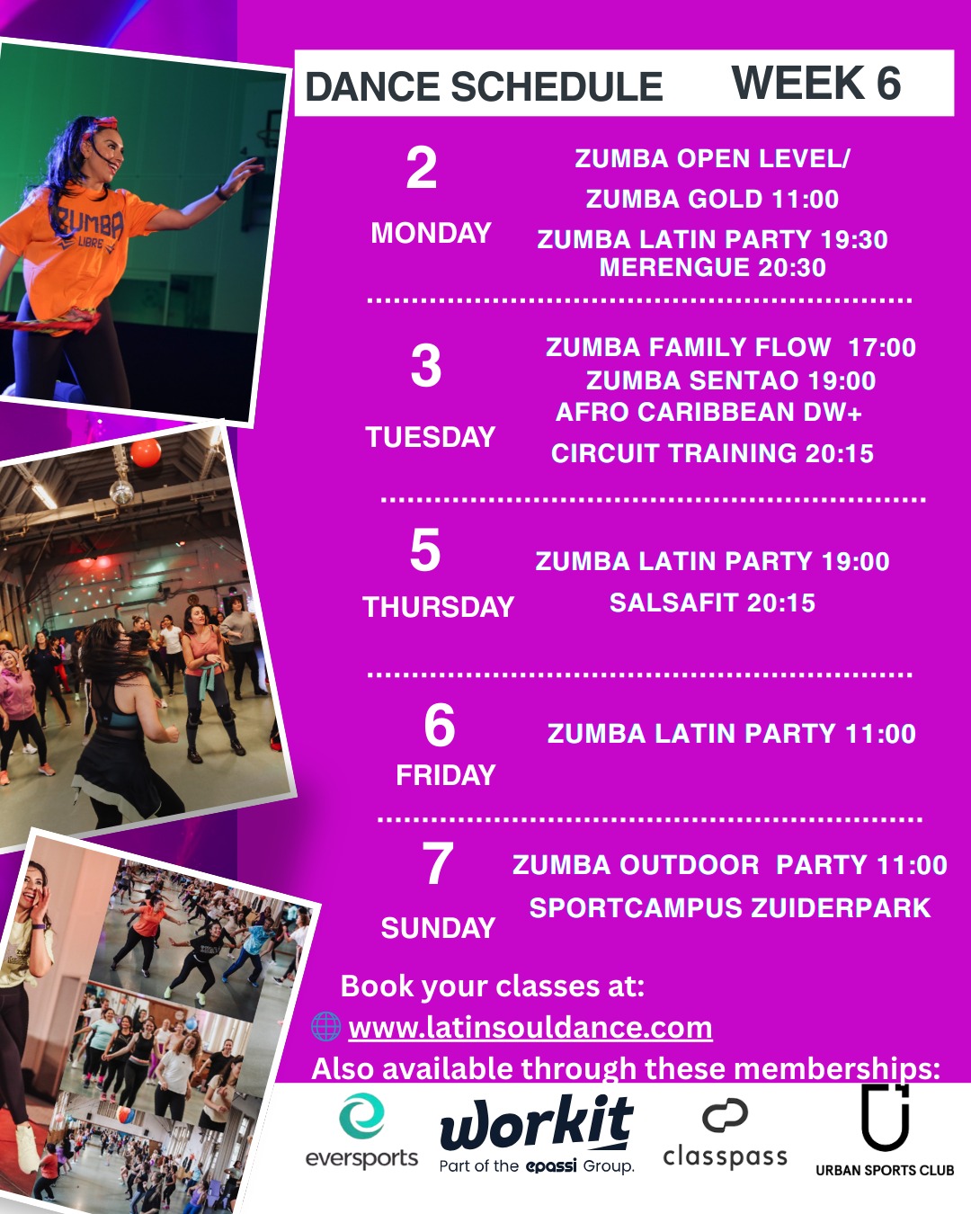 ✨ DANCE SCHEDULE – WEEK 6 ✨
Move, sweat, smile, and dance with us all week long at Latin Soul Dance 💜
All levels welcome. No pressure. Just joy.
🗓 MONDAY – Feb 2
🕚 11:00 – Zumba Open Level / Zumba Gold
🕢 19:30 – Zumba Latin Party
🕣 20:30 – Merengue (Dance Without Fear)
🗓 TUESDAY – Feb 3
🕔 17:00 – Zumba Family Flow (kids & parents together 💛)
🕖 19:00 – Zumba Sentao
🕗 20:15 – Afro Caribbean DW+ Circuit Training
🗓 THURSDAY – Feb 5
🕖 19:00 – Zumba Latin Party
🕗 20:15 – SalsaFit
🗓 FRIDAY – Feb 6
🕚 11:00 – Zumba Latin Party
🗓 SUNDAY – Feb 7
🌿 11:00 – Zumba Outdoor Party
📍 Sportcampus Zuiderpark
🎟 Book your classes here:
👉 www.latinsouldance.com
Also available via memberships:
✔ Eversports @eversportsnl
✔ Workit @workit.nl
✔ ClassPass @classpassnl
✔ Urban Sports Club @urbansportsclub_nl
#zumba #zumbafitness #denhaag #dans #dance