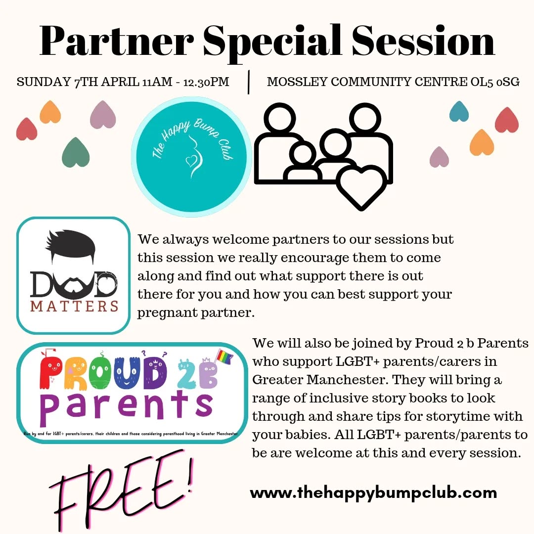 Happy Thursday folks!
I have some amazing news to share, our next session is extra special!
Partners and LGBT+ families are always welcome at our sessions, but this one is specifically tailored to provide information and advice to dads/partners to be and LGBT+ parents/carers to be.
We would love for you to join us on Sunday 7th April where @dadmattersgm and @proud2bparents will be on hand to talk about the services they offer and answer any questions you might have.
Lizzie from Proud 2 be Parents will also be bringing a range of inclusive story books to look through and share tips for storytime with your babies.
I hope you can join us for a good chat, brews, biscuits, books and a rummage through our baby clothes donations!
As always its completely FREE!
You can book your place here:
https://www.eventbrite.co.uk/e/the-happy-bump-club-33-tickets-862956635527
Or
www.thehappybumpclub.com
I look forward to meeting you!
Emma x