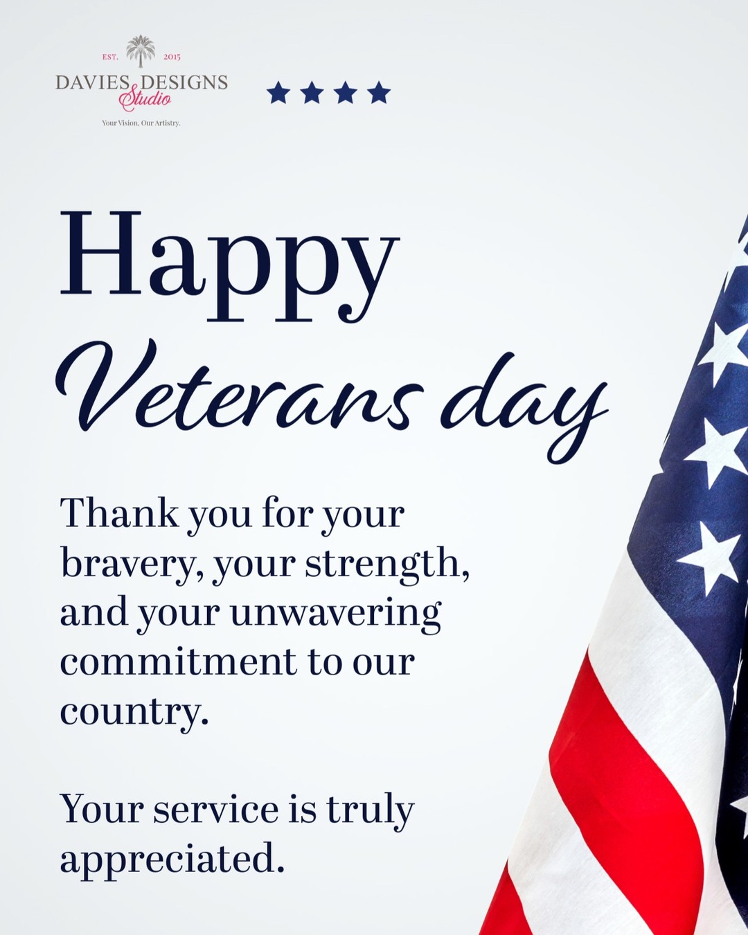 Honoring all who have served. This Veterans Day, we extend our deepest gratitude to the brave men and women who have dedicated themselves to protecting our freedoms. Your courage and sacrifices inspire us every day. Thank you for your service, today and always. 🇺🇸
#VeteransDay #honoringourheroes #gratitudee #thankyouveteranss #daviesdesignsstudio
