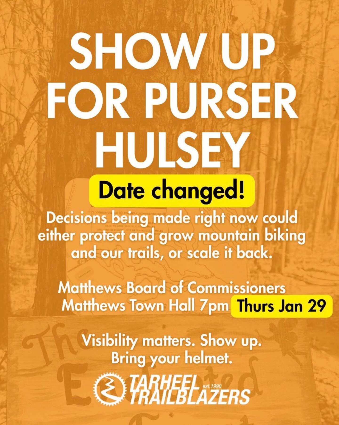 A reminder that THIS THURSDAY Purser Hulsey needs your help.
Mountain biking at Purser could look very different soon. Some redevelopment options include losing existing trails and dropping the planned bike skills park.
The good news? Plans are still in development—and public input matters.
👉 Attend the Matthews Board of Commissioners meeting on Jan 29, 7pm, Matthews Town Hall
👉 Wear helmet, MTB or Trailblazers gear.
👉 Send a short email to commissioners
Let’s make sure the future of the park includes the trails we love.
Details here
https://tarheeltrailblazers.com/.../show-up-for-purser.../