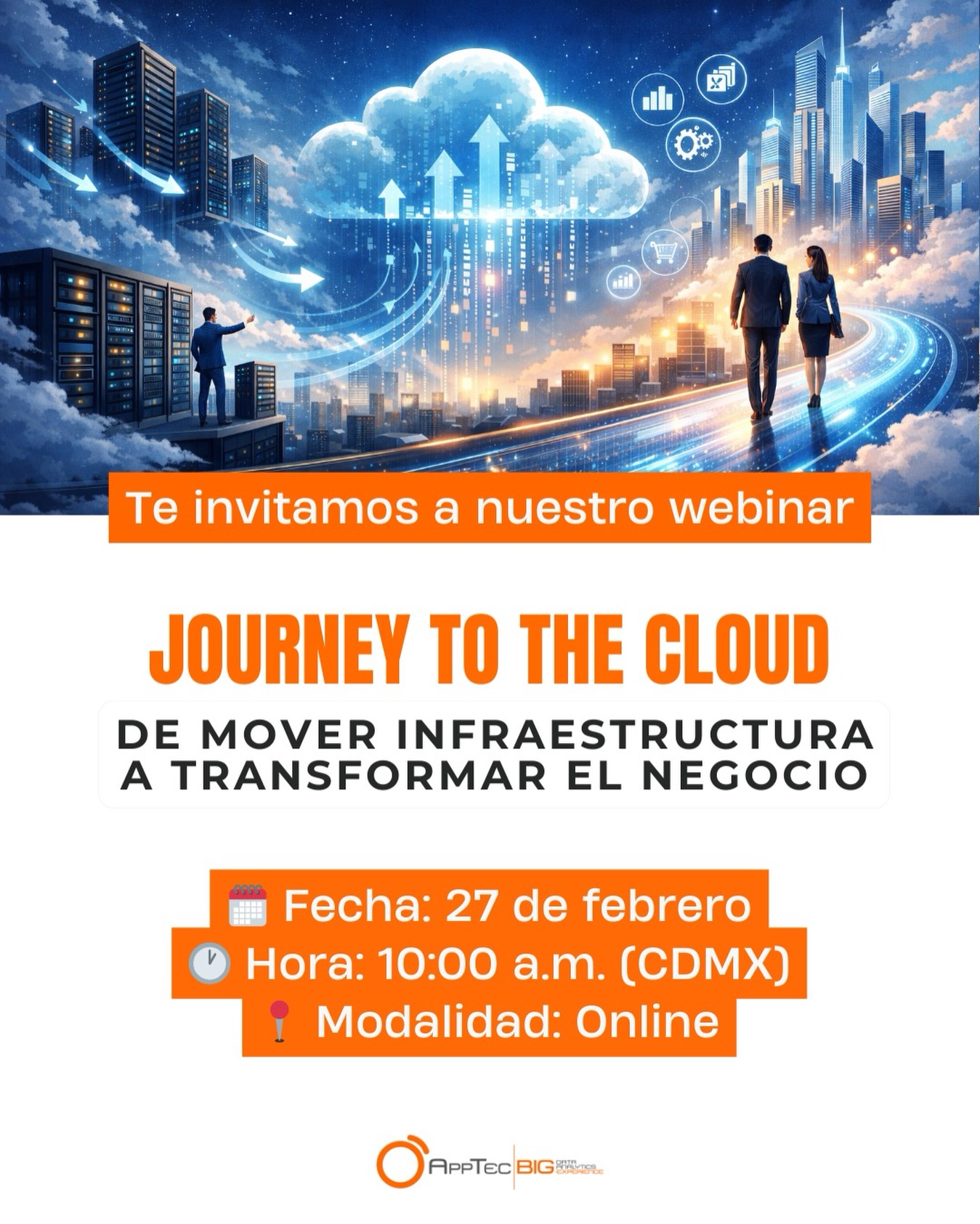☁️ Te invitamos a nuestro próximo webinar
Journey to the Cloud: de mover infraestructura a transformar el negocio
Migrar a la nube va mucho más allá de trasladar sistemas. Implica enfrentar retos de seguridad, costos, integración y cambio organizacional, pero también abre la puerta a una operación más ágil, controlada y escalable.
En este webinar exploraremos:
👉 Los principales desafíos que viven hoy las organizaciones en su journey to the cloud
👉Cómo una estrategia bien gobernada reduce riesgos y complejidad
👉De qué manera la nube puede convertirse en un habilitador real de valor para el negocio
👥 Con la participación de:
Juan Gonzalez Espinosa, Alejandro Hernandez y Pablo Navarro
🔐 Para ofrecer una mejor experiencia y seguimiento personalizado, el registro debe realizarse con correo corporativo.
Escribe la palabra WEBINAR para registrarte