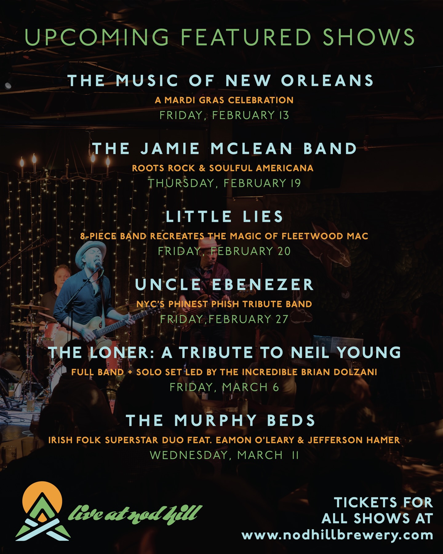 Five Fridays. Five sold-out shows.
Huge thanks to everyone who’s been packing out the Backspace and supporting live music this winter. Grab tickets for these upcoming shows while you still can - we’re expecting them to sell out too!
Tickets at the link in our bio—>”Live Music”
Fri 2.13 The Music of New Orleans ~ A Mardi Gras Celebration
Thurs 2.19 The Jamie McLean Band @jamiemcleanband
Fri 2.20 Little Lies: A Tribute to Fleetwood Mac @littleliestribute **low ticket alert**
Fri 2.27 Uncle Ebenezer: A Tribute to Phish @uncleebenezermusic
Fri 3.6 Brian Dolzani presents The Loner: The Music of Neil Young @briandolzanimusic
Wed 3.11 The Murphy Beds feat. Jefferson Hamer & Eamon O’Leary @murphybedsmusic