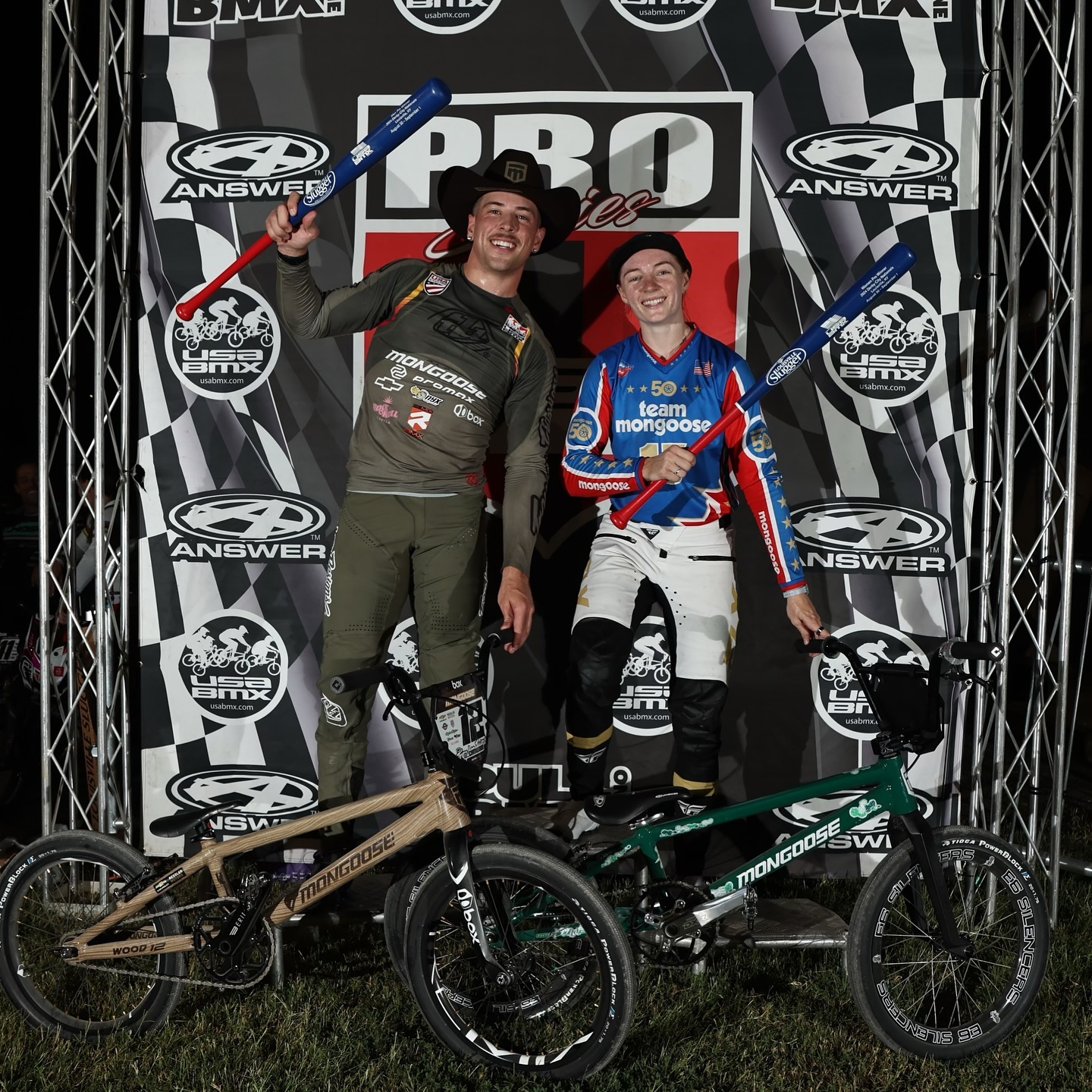 Day 1 of the @usabmx Pro Series in Louisville and these two brought it home! Amazing day for our @mongoosebikes @usabmxfoundation team. Congrats guys, we’re proud🔥✨ #teamgoose #mongoosebmx #usabmxfoundation @_camwood @paytonridenour