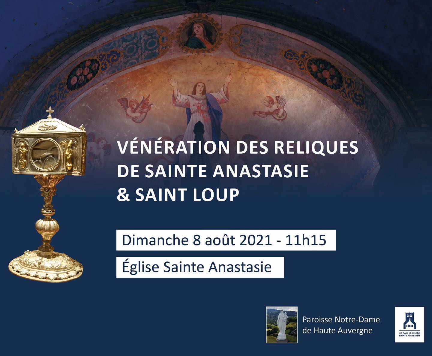 💒 Pour prolonger la journée du 7 août autour de l'église, nous avons le plaisir de vous annoncer la présentation du reliquaire de Sainte Anastasie et Saint Loup à l'occasion d'une messe de vénération célébrée par le Père Marie-Thomas le Dimanche 8 août 2021 à 11h15.
Ce reliquaire, classé monument historique, fait parti de la collection du Musée Haute-Auvergne - Ecomusée de Margeride
Pour les personnes ne souhaitant pas assister à l'office, le reliquaire sera visible à l’issue de la messe.
#messe #vénérationreliques #eglise #sainteanastasie #adesa