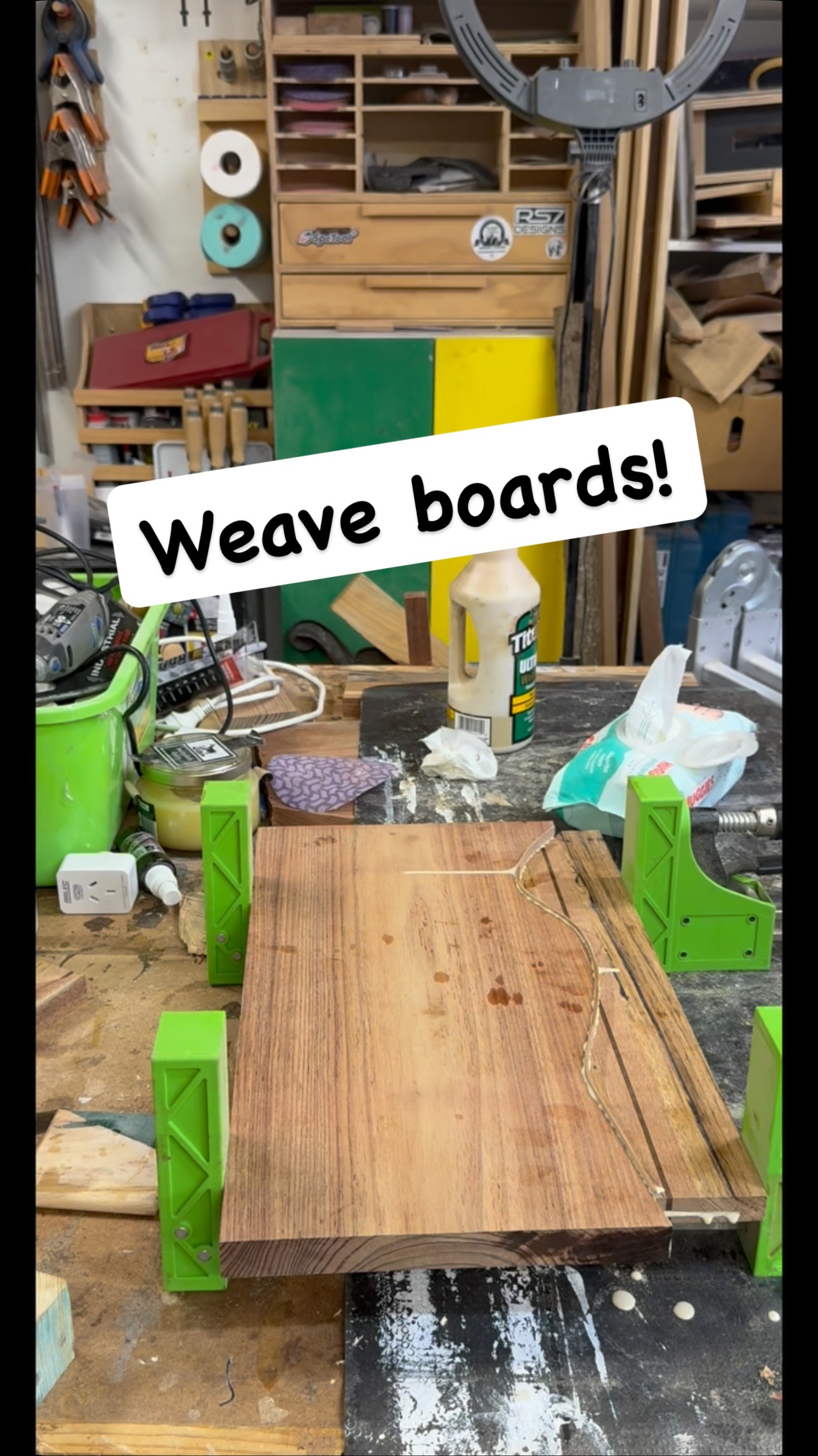 I am trying to work on some weaved boards. With the previous glued panels, they are attached with the blue tape superglue method and then glued together. But i have found you need to have thin strips the thickness of the bandsaw blade to ensure there is no voids after gluing. First stage done! #makersgonnamake #woodworking #bespoke #handmade #charcuterie