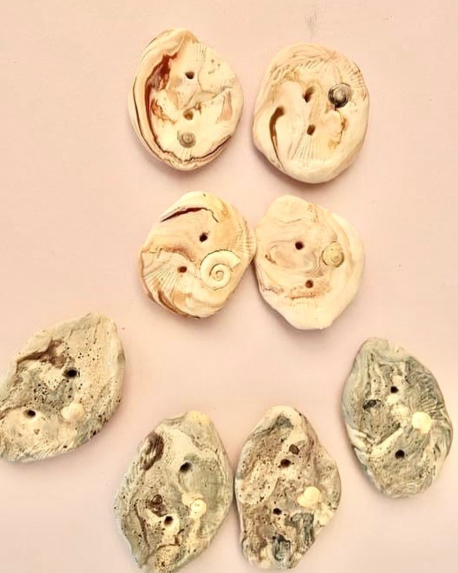 Handmade clay buttons with tiny shells embedded from a desert lake. #fakefur #handmade #burningmanstyle #slowfashion #buttons #oneofakind