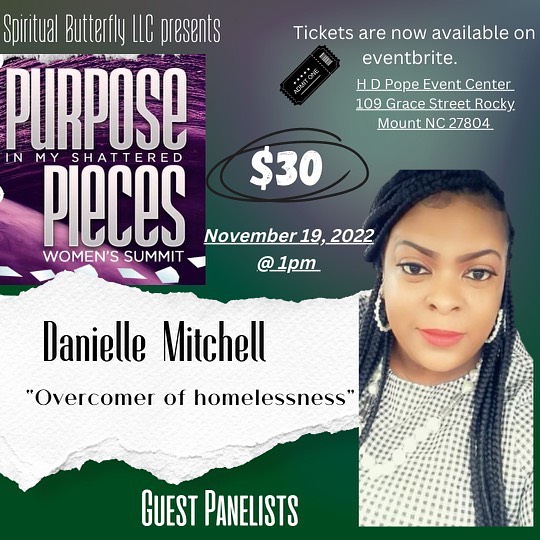 🙏🏾Homelessness is no one’s dream and yet it can happen to anyone. Being in that situation can break you and cause you to want to give up.
🙌🏾However it doesn’t have to be your final place, there is a way to keep pressing. Someone has been in your shoes and took them off and put on a new pair, Her story is an inspiration and you need to hear it.
🎟️ Purchase your ticket today
https://www.eventbrite.com/e/purpose-in-my-shattered-pieces-tickets-464747802187