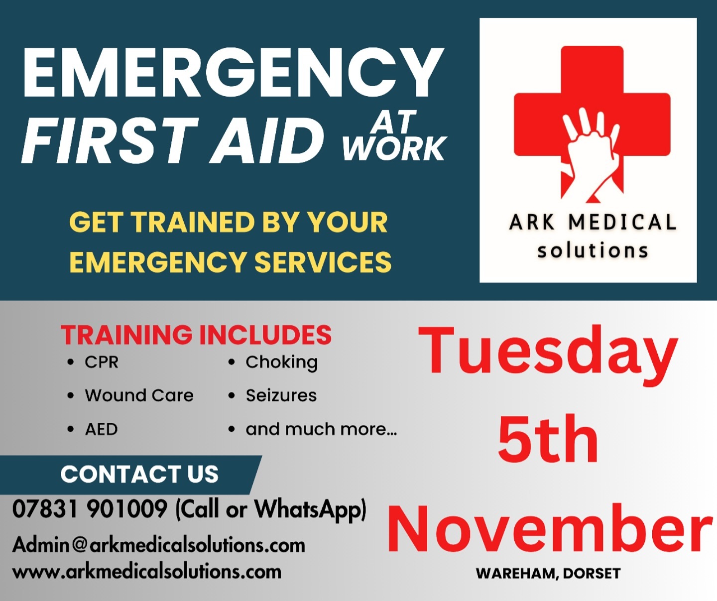 If your first aid provider doesn’t do the job, should they be training you in it?
#firstaid Training, #AED Management, Emergency & Event Planning, #Safeguarding and Equipment Supplies. Book your next course with us, and get your training or consultation from serving 999 personnel.
ARK Medical Solutions: here’s why you should switch to us…
1. Expertise and Experience: Emergency service professionals, such as Paramedics or Police, have extensive training and real-world experience in emergency situations. We can provide practical insights and techniques that are grounded in our day jobs.
2. Up-to-Date Knowledge: We stay current with the latest protocols and practices in first aid and emergency response, ensuring you receive the most relevant and effective training that is best practice.
3. Hands-On Training: Emergency service trainers such as us at Ark, incorporate realistic scenarios and hands-on practice, which can enhance your understanding and retention of first aid skills when faced with an emergency.
4. Confidence Building: Learning from Ark Medical’s 999 professionals can instil confidence in your ability to handle emergencies, as we share experiences of real-life applications and offer tips for emergency management.
5. Credibility: Training from serving emergency services staff at Ark Medical can provide credibility to your certification. You wouldn’t service your car at a garage that’s never worked on cars.
6. Further Development Opportunities: Ark Medical can offer further training, resources, and community support in health and safety, including AED management, emergency planning, and equipment supplies. Public Access Defibs and Public Acess Trauma kits.
BOOK HERE: https://www.arkmedicalsolutions.com/book-online
#bournemouth #firstaidatwork #dorset #arkmedicalsolutions #firstaidcoursesdorset