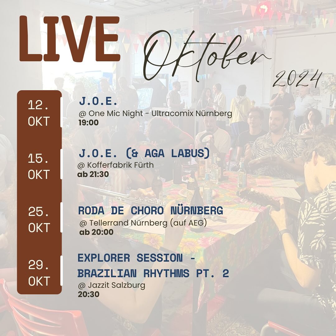 🎶🍂Der Herbst ist da und bringt noch ein paar bunte Konzertchen mit.
☝️Kommt doch auch vorbei, wir freuen uns auf euch!
Mit:
@joe.loba @jupiterorbitescape
@chorotuiuiu
@joaolucasmoreira_music @lexitojazz
@tellerrand_gastro
#live #livemusic #musicianslife #choro #rodadechoro #chorotuiuiu #brazilianmusic #neuetermine #kalender #joeband #jupiterorbitescape #oktober