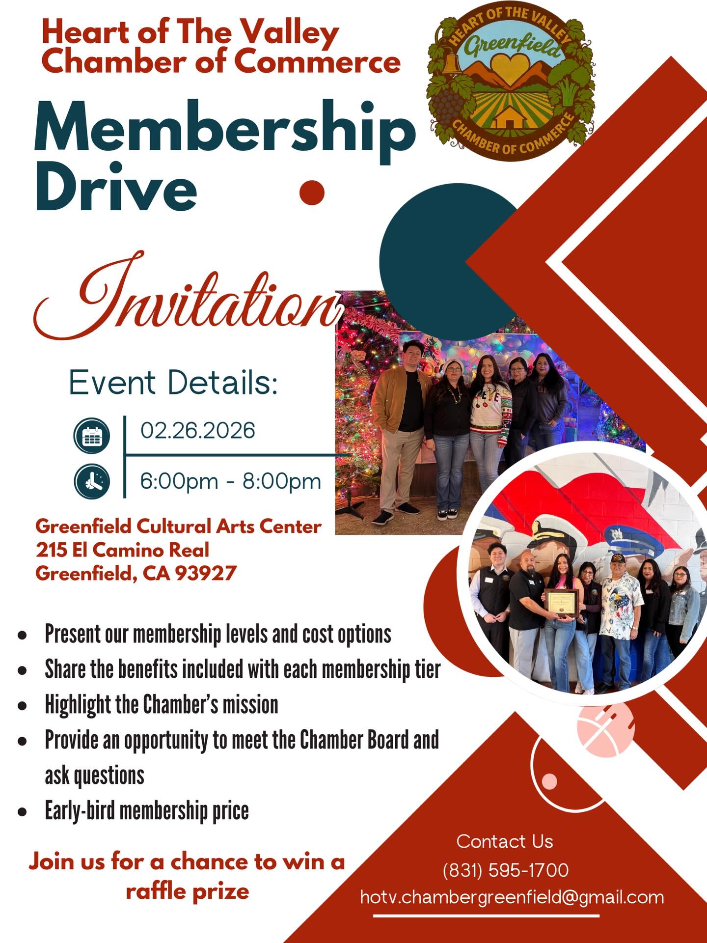 YOU’RE INVITED!
Join us for the Heart of the Valley Chamber of Commerce Membership Drive 🫱🏼🫲🏽
📅 February 26, 2026
⏰ 6:00PM – 8:00PM
📍 Greenfield Cultural Arts Center
Come learn about our membership levels, benefits, and how you can be part of building a stronger business community right here in Greenfield
✨ Meet the Chamber Board
✨ Early-bird membership pricing
✨ Raffle prize opportunity
Whether you’re a small business owner, entrepreneur, or community supporter we would love to connect with you!
📲 For more information:
hotv.chambergreenfield@gmail.com
#HeartOfTheValley #GreenfieldCA #SupportLocal #ChamberOfCommerce #MembershipDrive